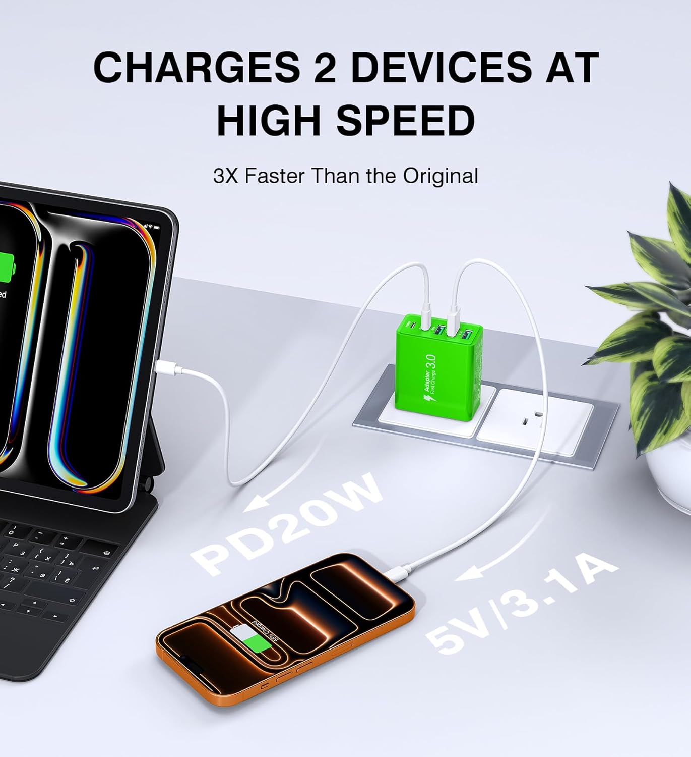 USB C Wall Charger, 60W USB C Charger Block 5-Port PD Fast Charging Blocks,USB A Multiport Plug Brick Cube,Dual Type C Power Adapter for iPhone 17/16/15/14/13/Pro,iPad,Samsung,for Switch（Green 2-Pack）