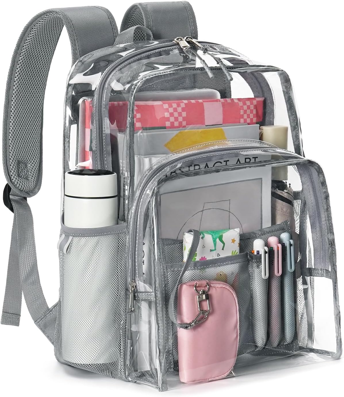 Clear Backpack for School, 17 inch Large Heavy Duty-TPU See Through Bookbag for Boys Girls and Adult, Transparent Backpack With Multi-Pockets for College Work Gym Sport, Light Grey