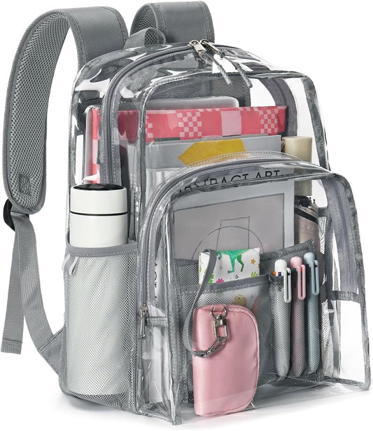 Clear Backpack for School, 17 inch Large Heavy Duty-TPU See Through Bookbag for Boys Girls and Adult, Transparent Backpack With Multi-Pockets for College Work Gym Sport, Light Grey