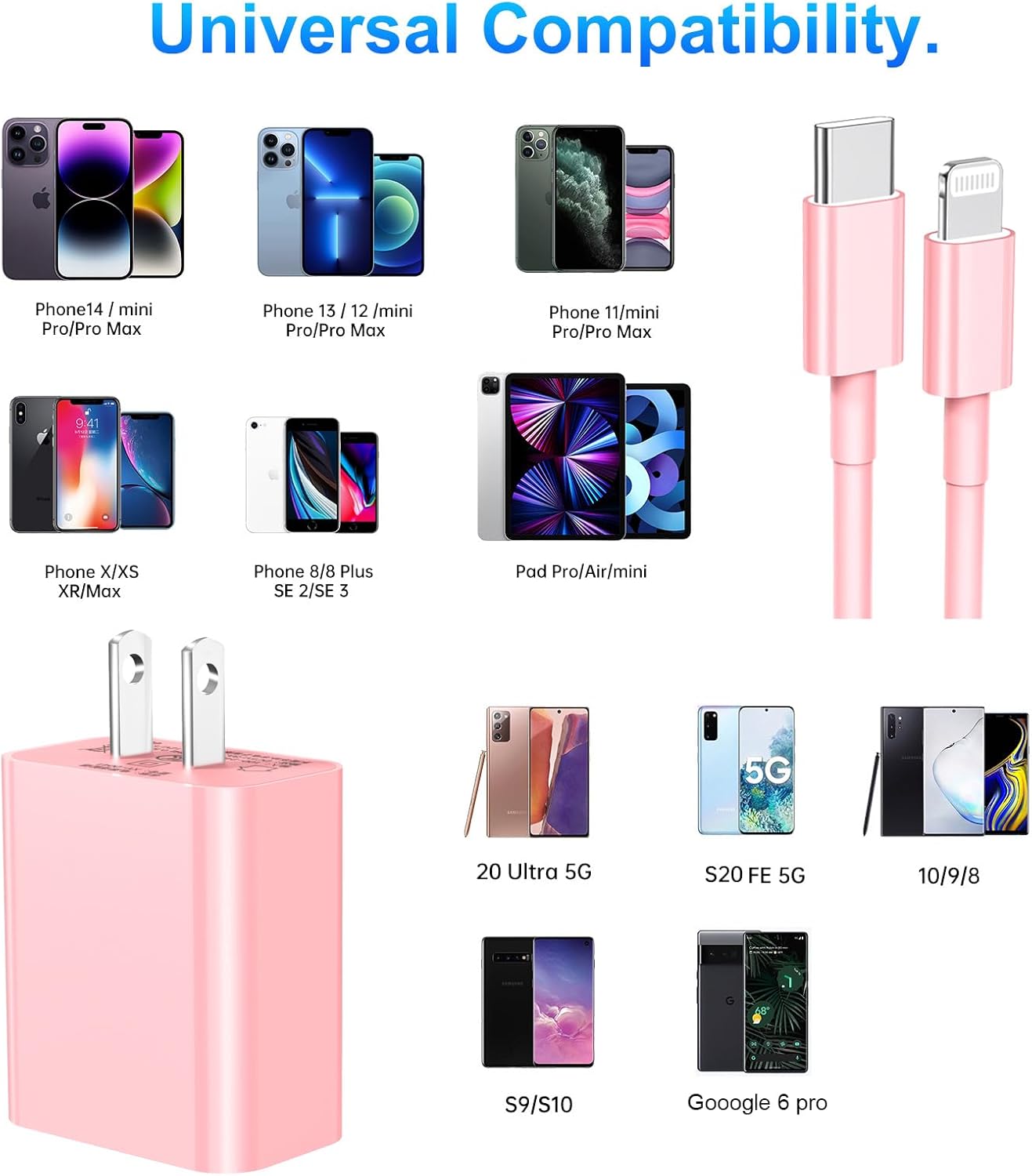 Dayaoncy Compatible with Phone Charger Fast Charging, 20W USB C Wall Charger with 3Pack 10FT, Phone Cable Fast Charging Compatible withi Phone 14/13/12/12 Pro Max/11 Pink