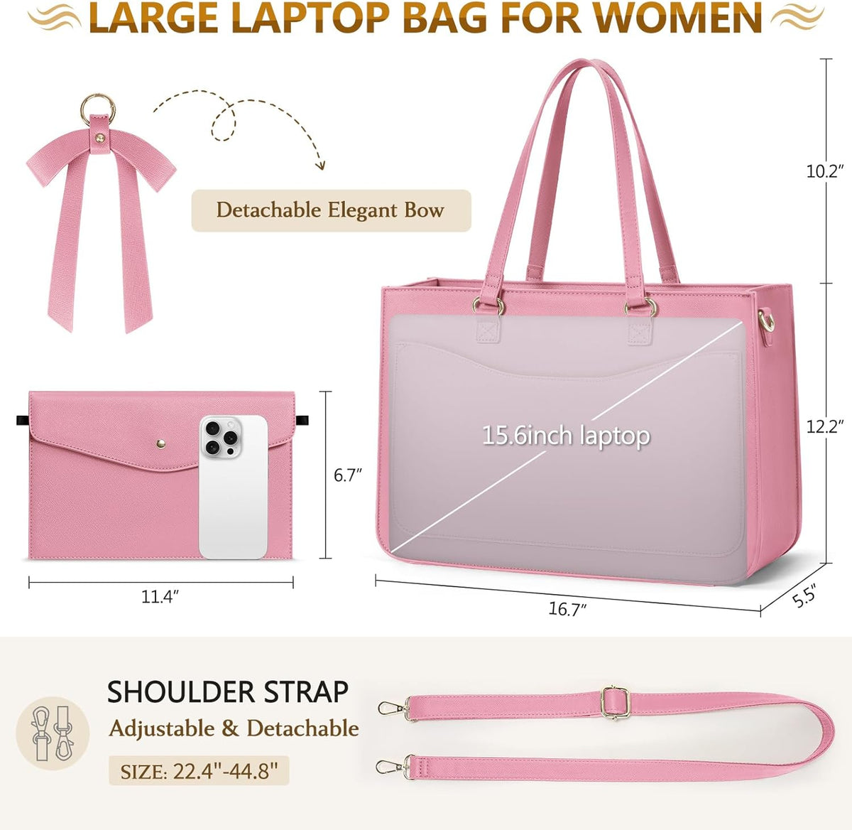 RAINSMORE Laptop Bag for Women 15.6 Inch Work Tote Bags Leather Laptop Tote Waterproof Computer Bag