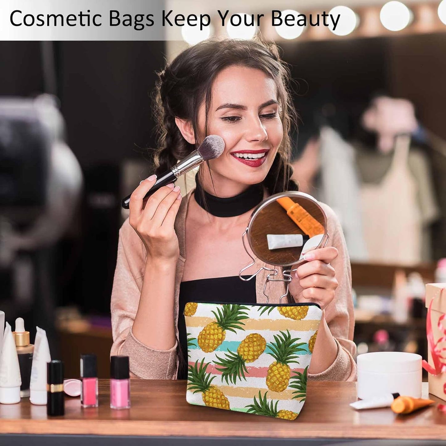 Pineapple Makeup Bags Makeup Organizer, Tropical Pineapple Yellow Flax Toiletry Bags Travel Cosmetic Bag Makeup Purse Pouch Skincare Bag Wallet Bags For Women Female Mom Daughter