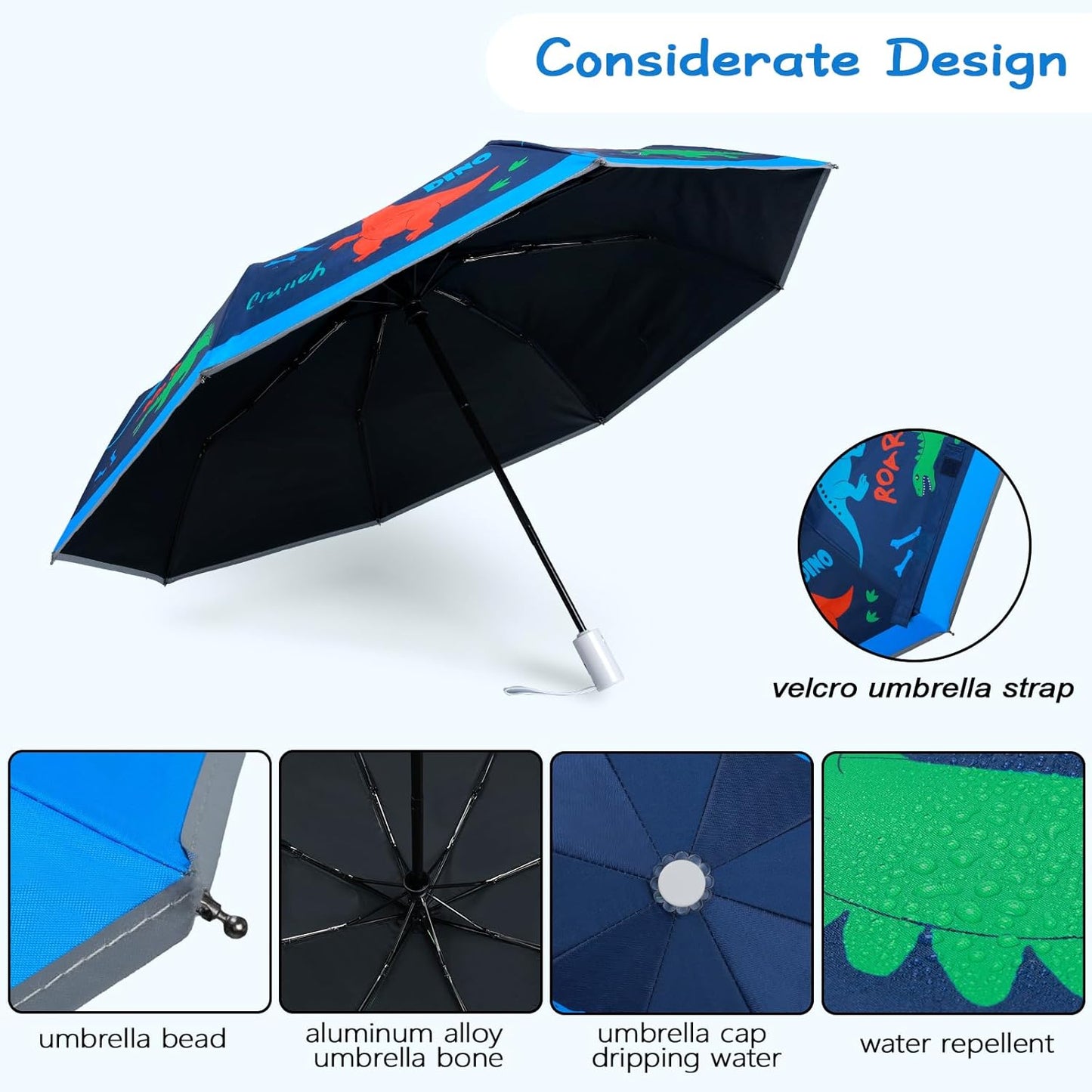 Kids Folding Umbrella Auto Open/Close Anti-rebound Safe Design UV Resistant Automatic Children Travel Umbrellas 8 Rib Reinforced Canopy 360° Reflective Strip Lightweight Cute Umbrella for Girls & Boys