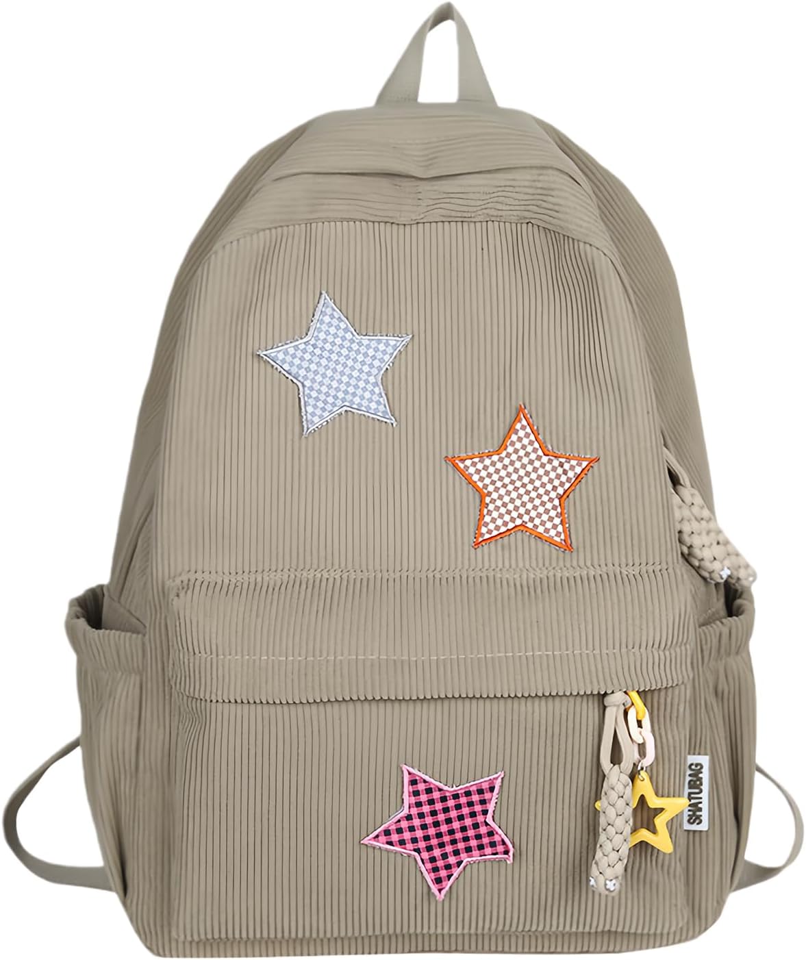 Corduroy Backpack with Star Pattern, Trendy and Versatile, Fits 14'' Laptop Large Capacity Daily Commute (Khaki)