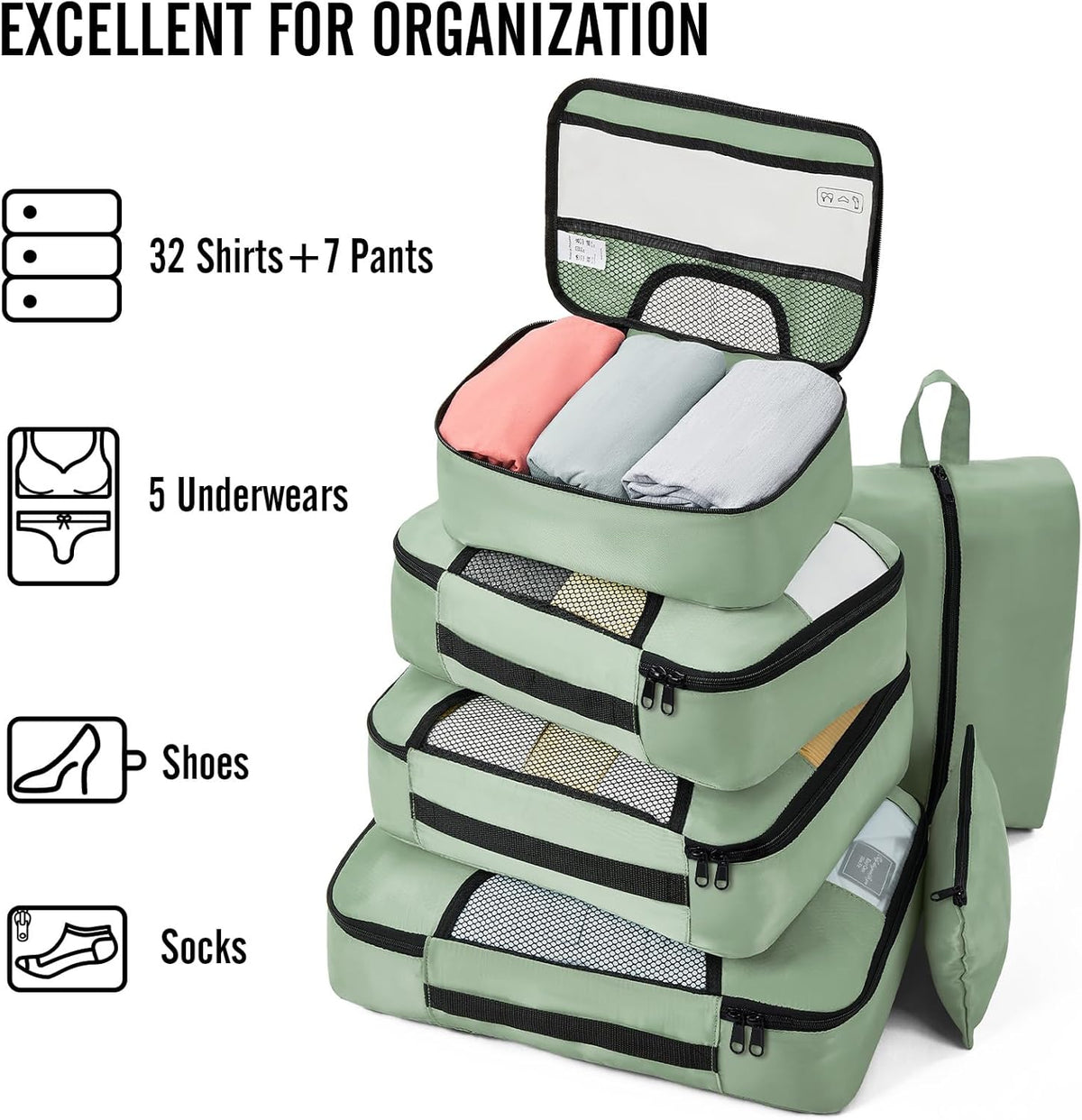 Veken 8 Set Packing Cubes for Travel Essentials, Suitcase Organizer Bags in 4 Sizes, Carry-On
