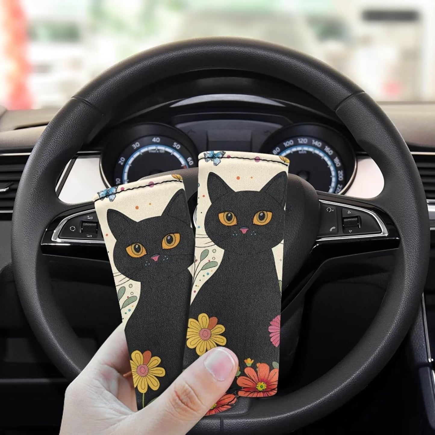 Cartoon Black Kitten Luggage Handle Protection Sleeve Cover Set of 2 Pcs,Neoprene Luggage Identifier for Suitcase Teens Adult Soft Trolley Case Grip Cover, Flower Door Handle Cover Set