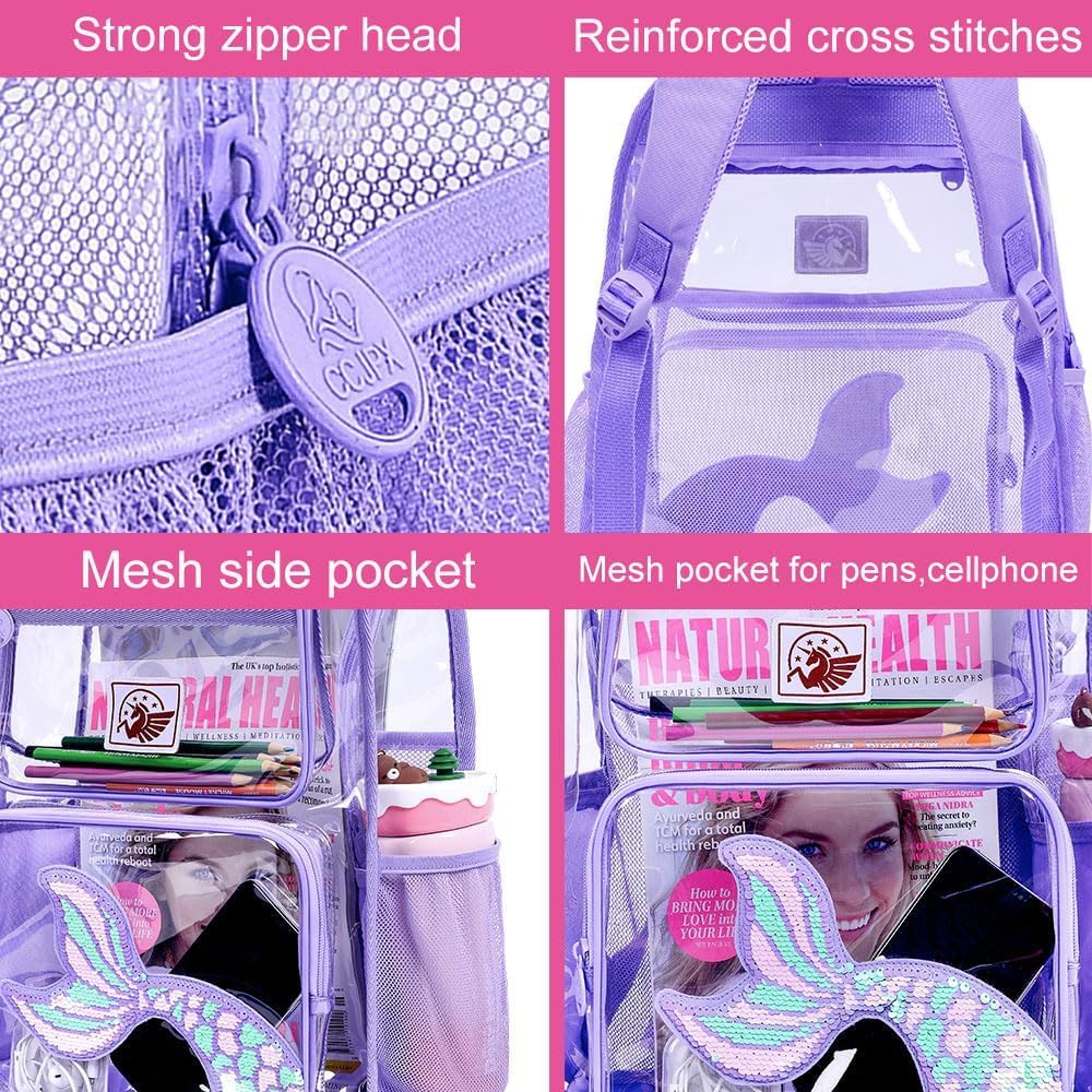 Clear Backpack for Girls and Boys, Kids Transparent Bookbag, 3PCS Cute See Through School Bag for Elementary Prechool
