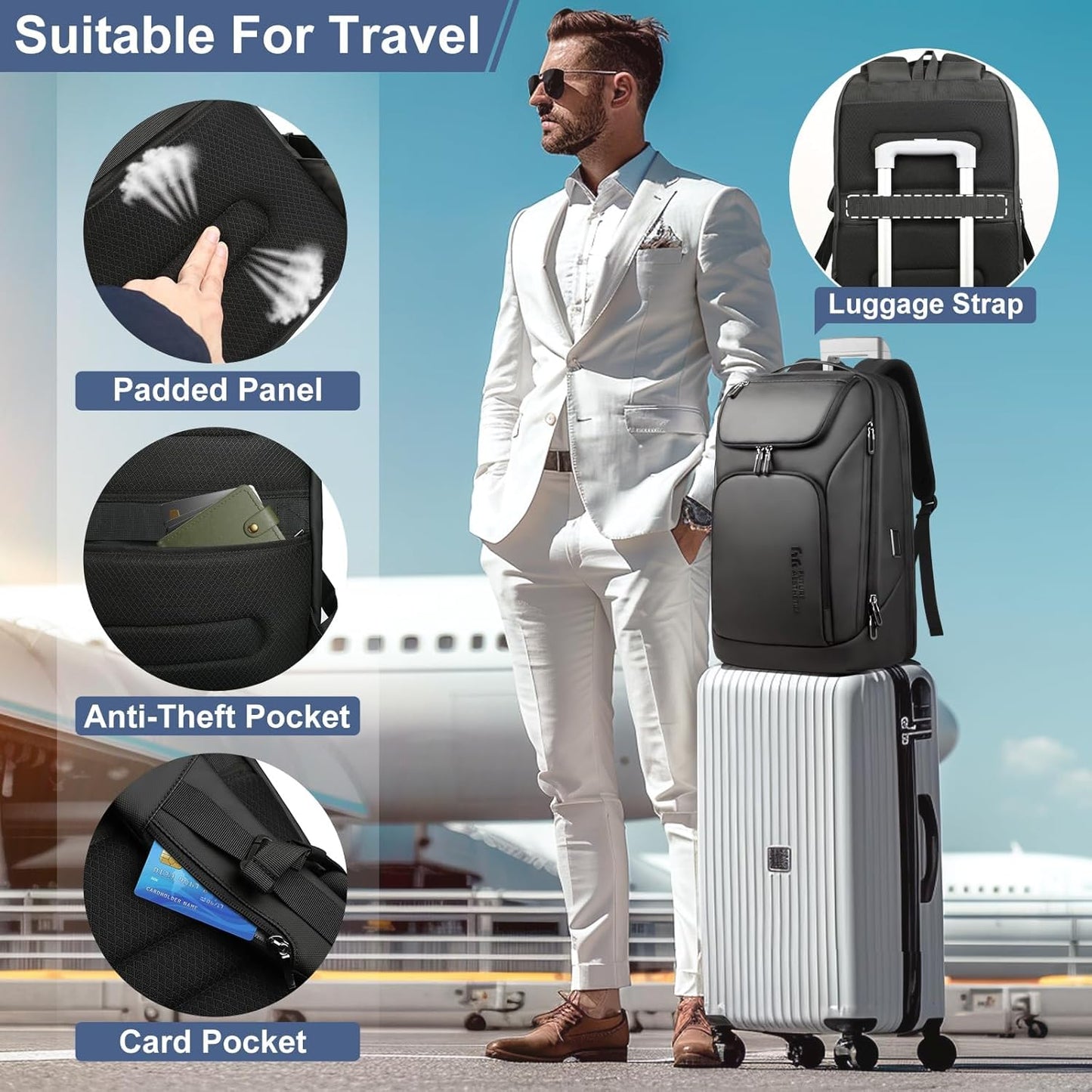 hk Business Smart Backpack for Men Anti-Theft for 17.3 Inch Laptop with USB Charging Port Water-Resistant Large Durable Compact 30L for Travel College Work-Deep Black