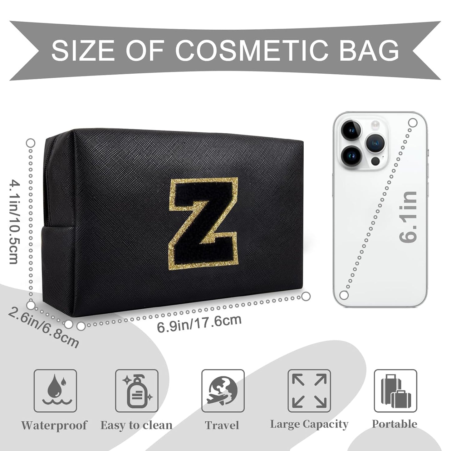 Personalized Initial A-Z Preppy Patch Makeup Bag,Small PU Chenille Letter Cosmetic Bag with Zipper for Teen Girls,Black Cute Toiletry Organizer Bag,Monogram Makeup Case Gift for Women Girls,Letter Z