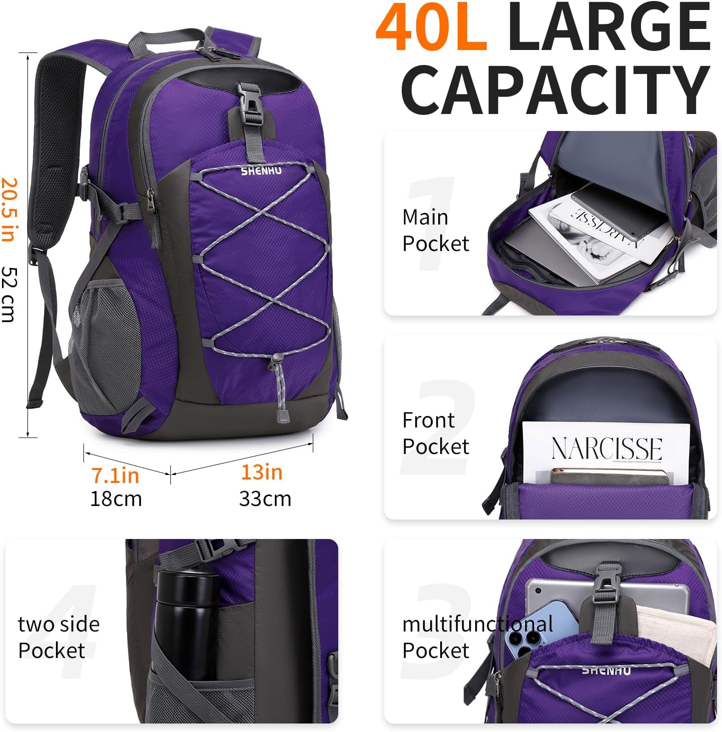 40L Hiking Backpack Lightweight Daypack Waterproof Travel Camping Backpack for Men Women Sport