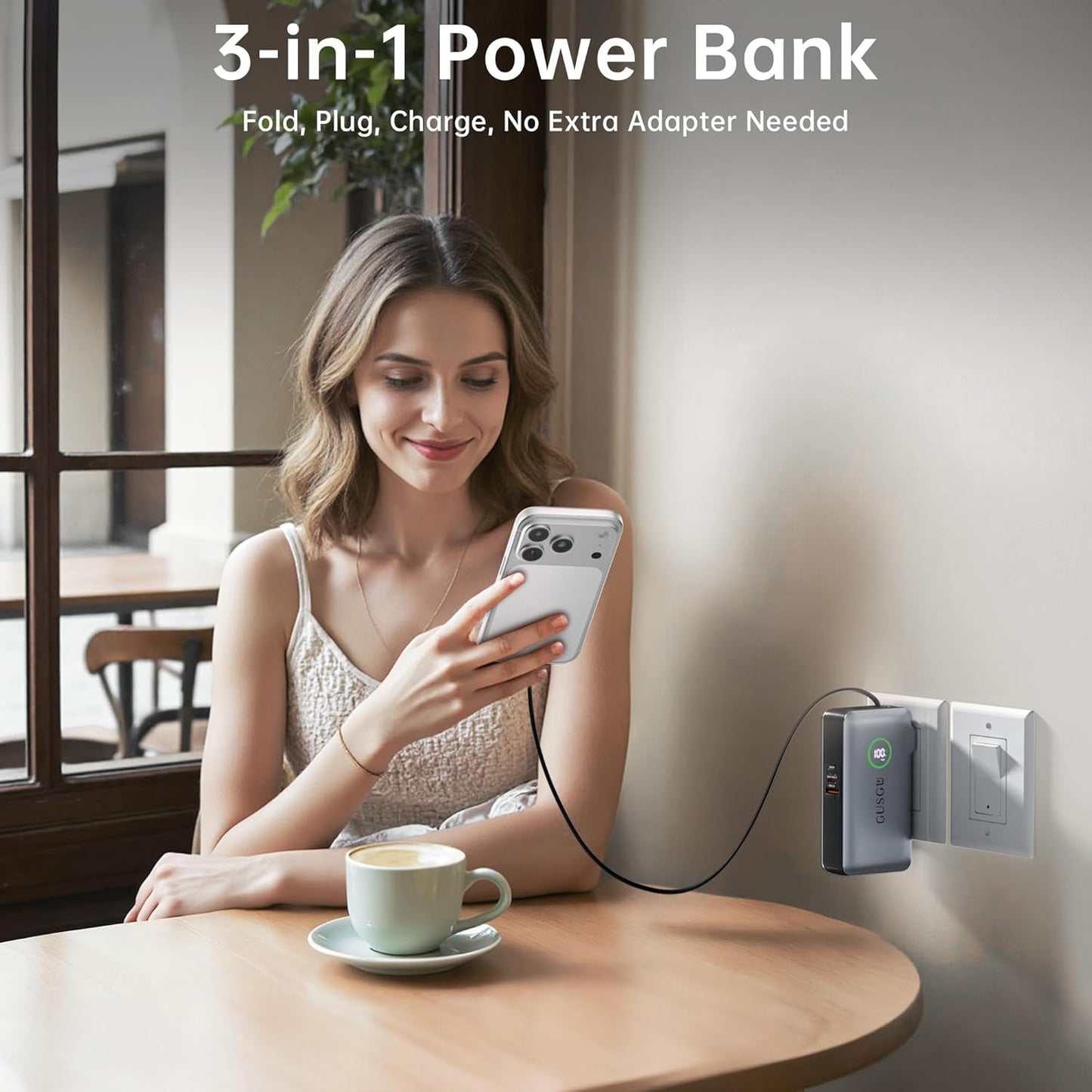 GUSGU X3 10,000mAh Power Bank with Foldable Plug, Retractable USB C Cable &Type-C/USB-A Ports, 35W PD Max Fast Charger for MacBook Air/Pro, iPad, iPhone 17/16/15, Galaxy S24/S23 and More