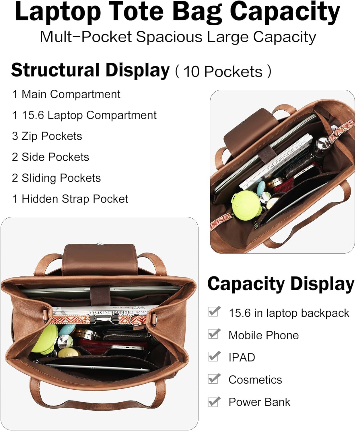 FADEON Large Laptop Tote Bag for Women Designer Leather Laptop Bag Fashion Travel Backpack Purse Shoulder Handbag