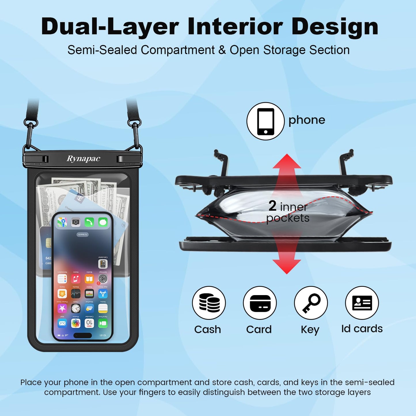 Rynapac Large Waterproof Phone Pouch [Up to 10"] - 2 Pack IPX8 Waterproof Phone Case for iPhone 17