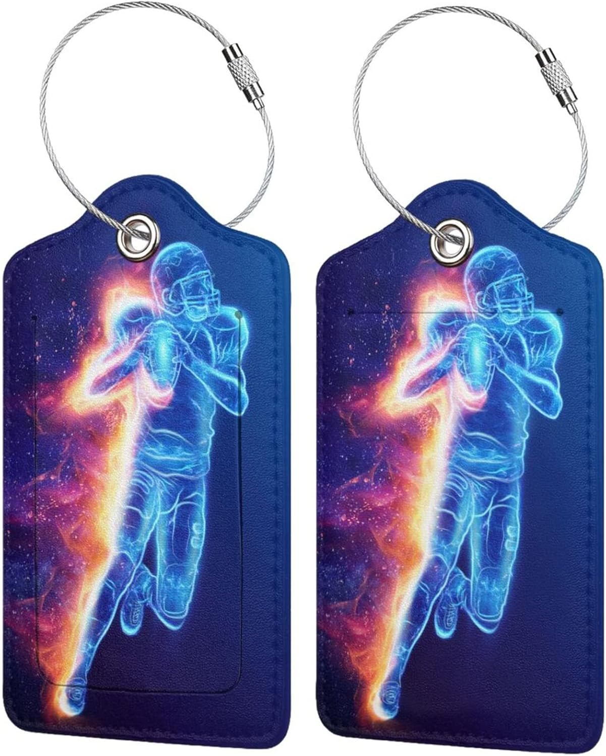 Cool Blue Travel Luggage Tags Football Themed, 2Pcs Leather Suitcases Bag Tag for Sports Boys Men Kids, Name Labels Baggage Tags with Full Back Privacy Name ID Card Stainless Steel Loop
