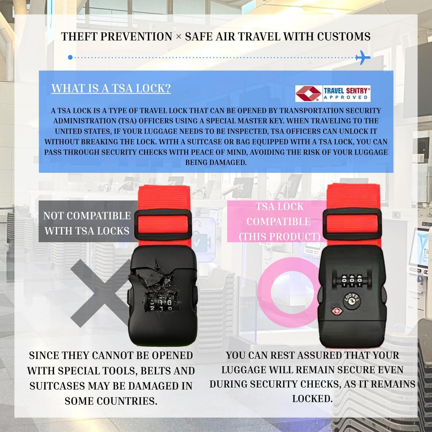 Suitcase Belt TSA Lock dial Type, I-Shape, English Instructions, Length Adjustable, Lightweight Type, Carrying case Marker, Travel, Business Trip, Luggage Collapse Prevention (Purple)