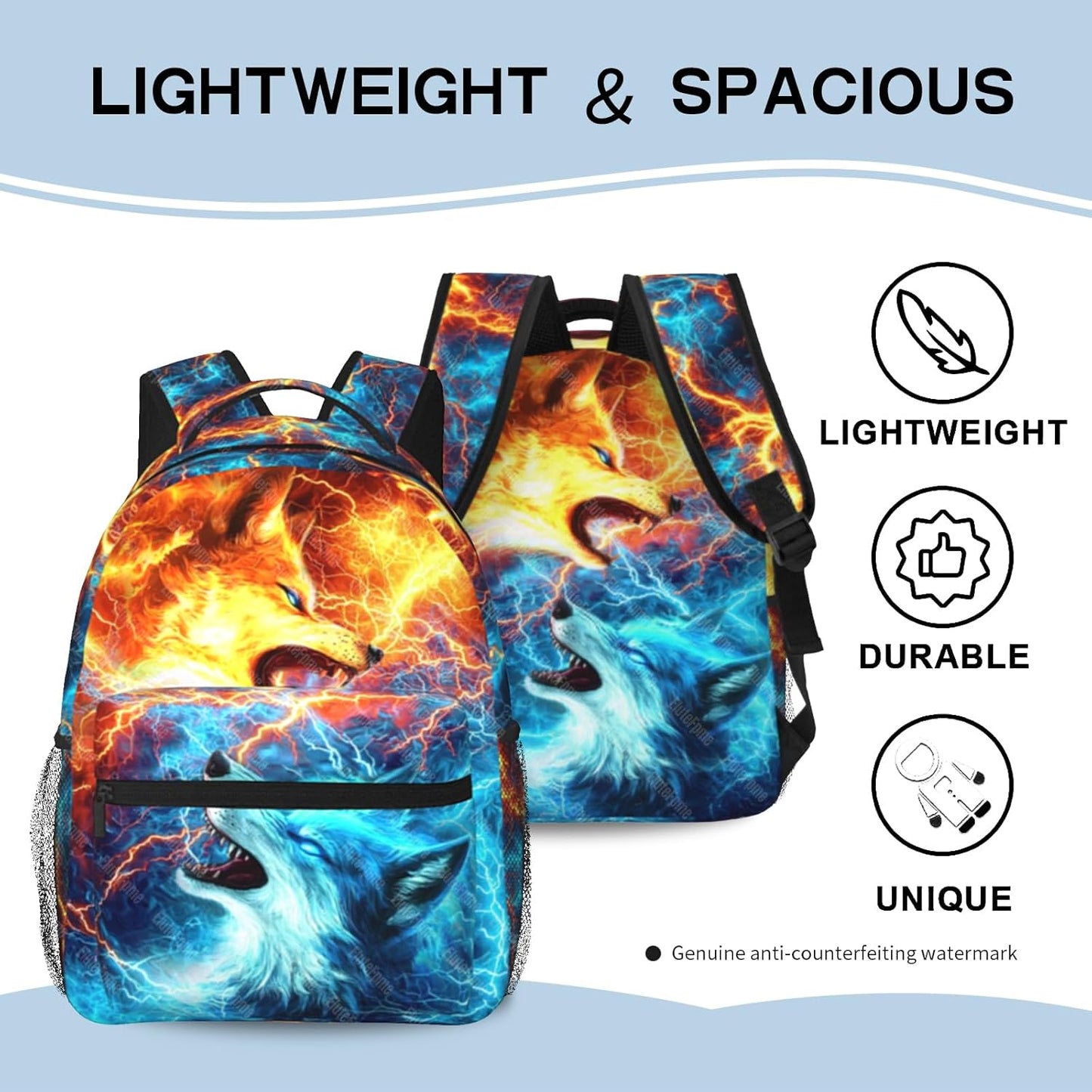Kids Wolf School Backpack For Boys Girls Cool Fire and Ice Wolf Boys Backpack For Kids Children Teens Elementary Middle School Cool Lighting Bookbag Travel Back Pack for Age 6-18
