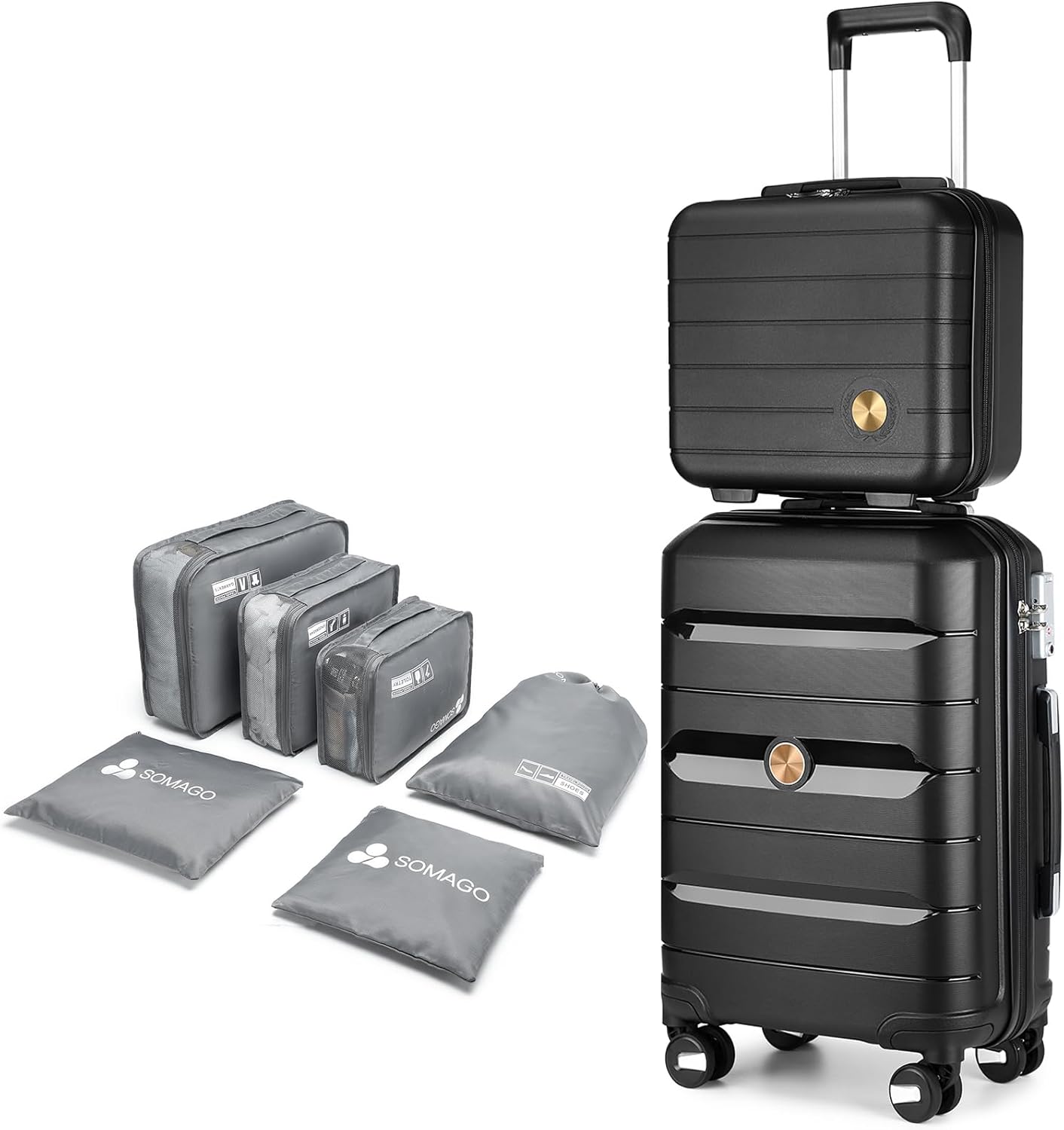 Somago 20 Inch Carry On Luggage Sets Hardside Suitcase with Double Spinner Wheels and TSA Lock YKK Zipper (Classic Black,14/20)