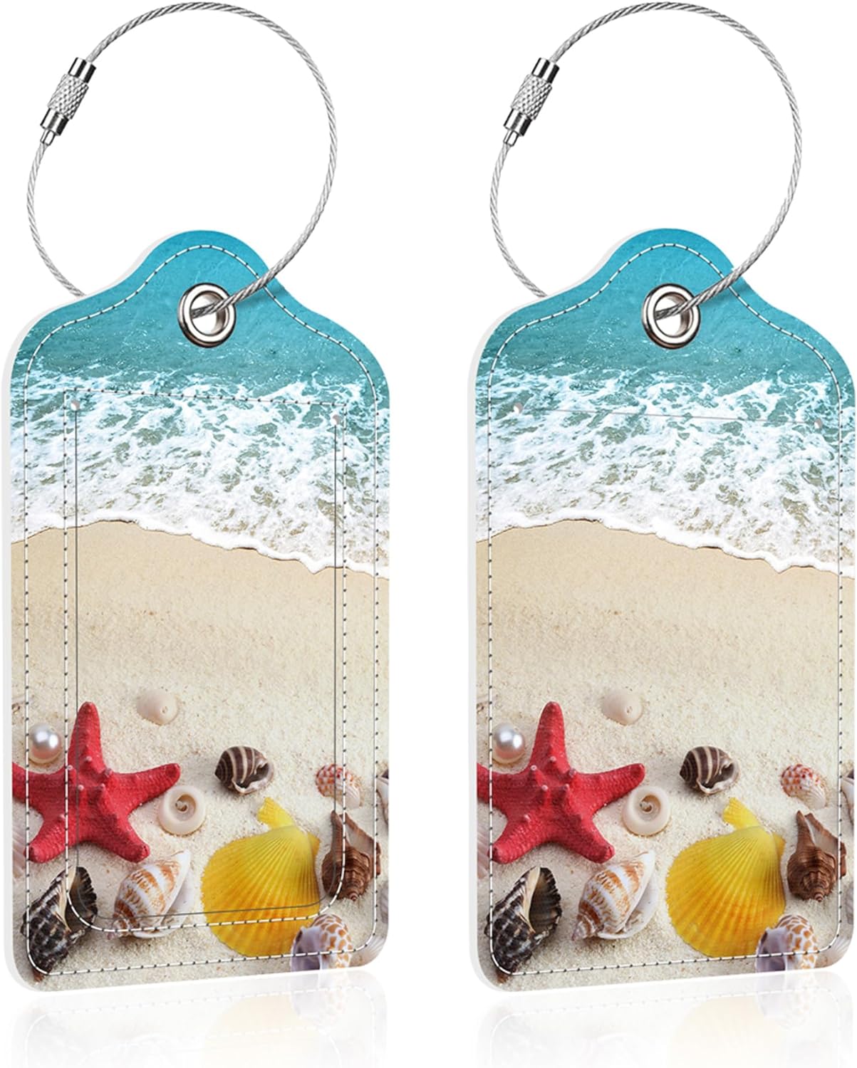 2 Pack Luggage Tag for Suitcase,Beach and Shells PU Leather Suitcase Tags Identifiers with Privacy Name Address Labels and Steel Loop for Women Men Travel