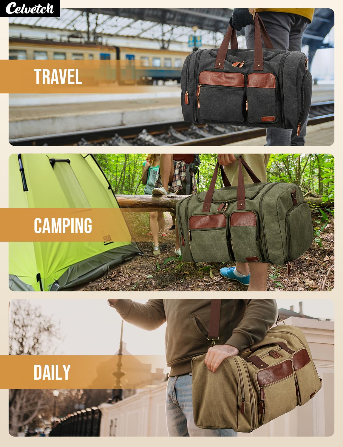 Celvetch Canvas Duffle Bag for Travel 50L Expandable, Dark Grey