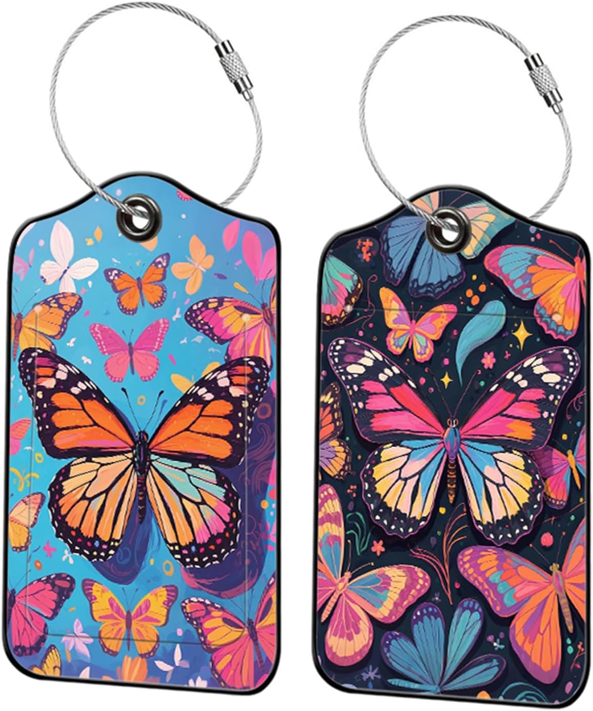 Butterfly Leather Luggage Tags for Suitcases, PU Cruise Ship Travel Bag Tags with Privacy Cover ID Label with Stainless Steel Loop for Women Men Girls Cute Backpack Gift 2 Pack (Blue)