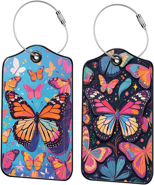 Butterfly Leather Luggage Tags for Suitcases, PU Cruise Ship Travel Bag Tags with Privacy Cover ID Label with Stainless Steel Loop for Women Men Girls Cute Backpack Gift 2 Pack (Blue)