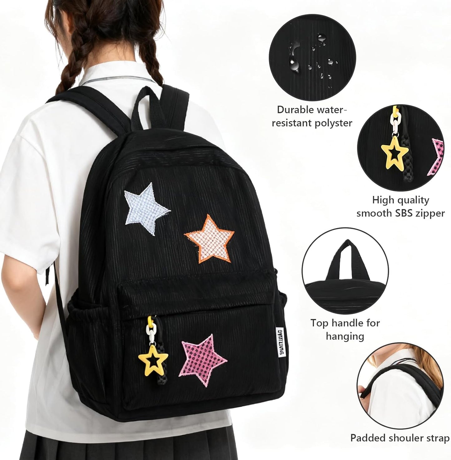 Corduroy Backpack with Star Pattern, Trendy and Versatile, Fits 14'' Laptop Large Capacity Daily Commute (Black)