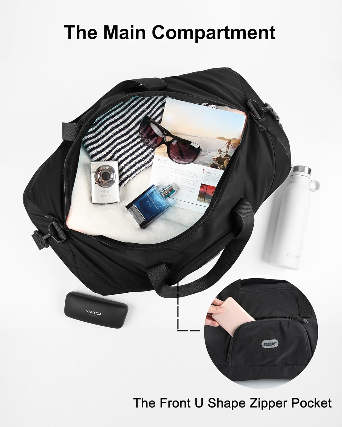 GOX Foldable Travel Bag Packable Tote Duffle Bag For Travel Spirit Airlines Personal Item Bag 18x14x8(Black)