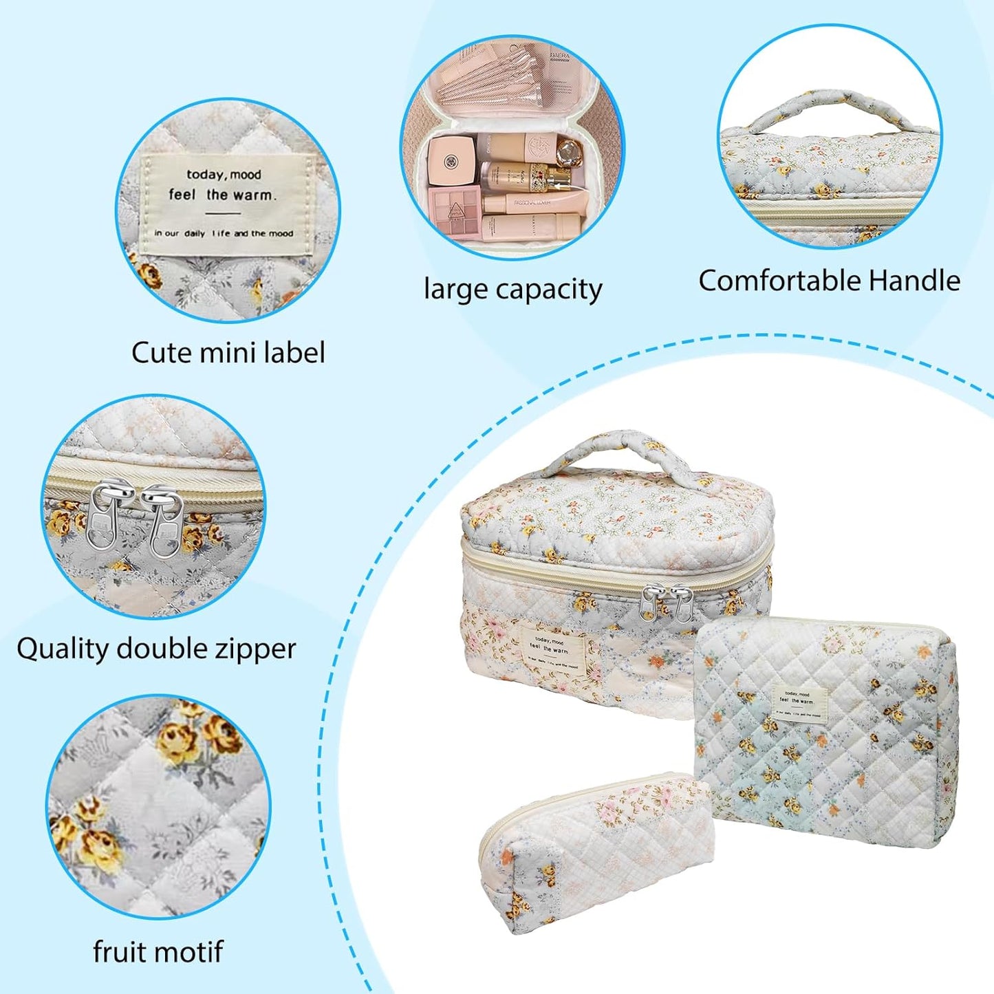 Quilted Makeup Bag, Large Capacity Travel Cosmetic Bag for Women and Girls, Aesthetic Storage for Daily and Travel Use (3pcs-overfloral)