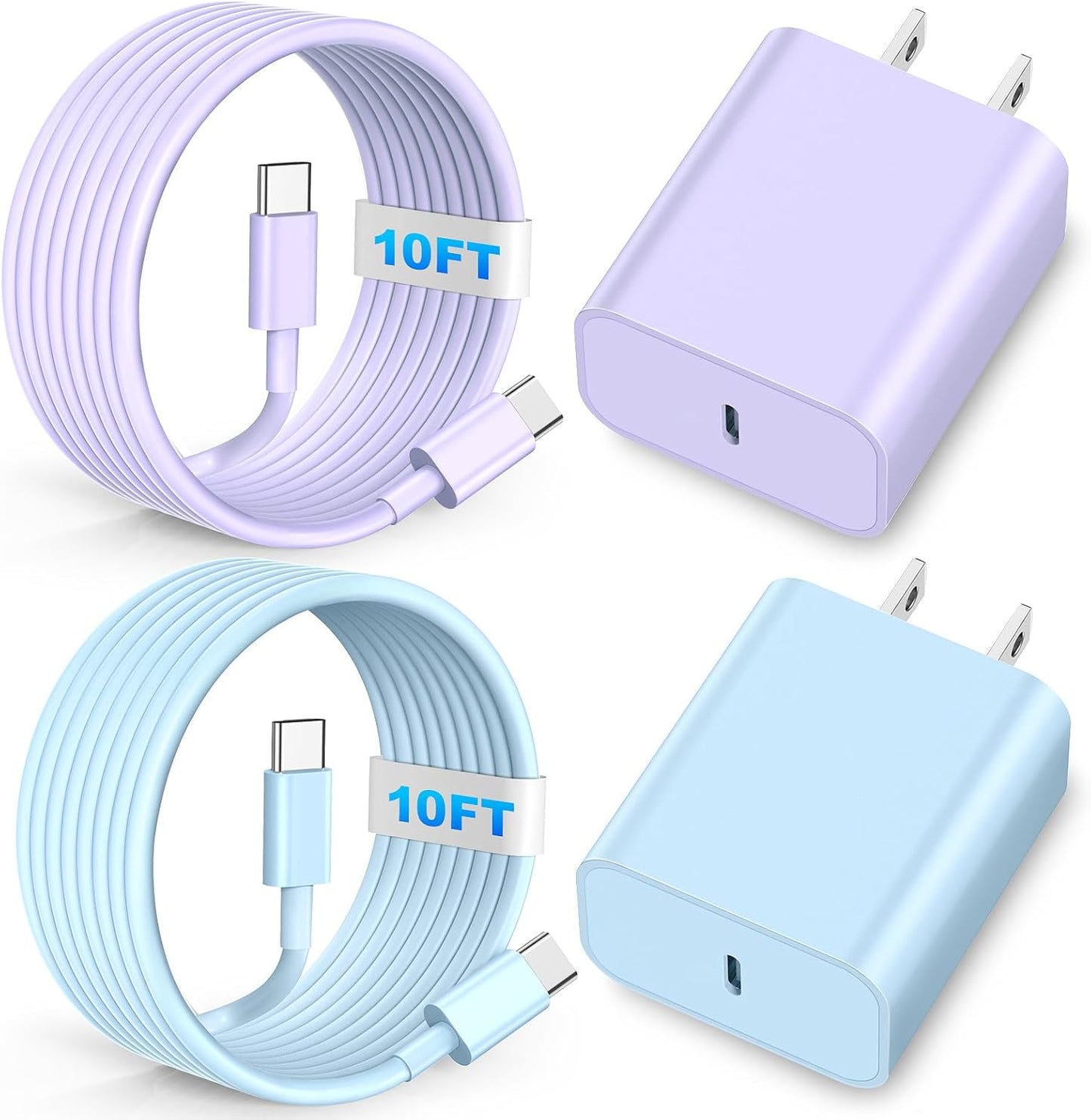 USB C Fast Charger, 2Pack 20W Type C Wall Charger Block and 60W 10FT i Phone Fast Charging Cord, Compatible with i Phone 15/16/17 Pro/Plus/Pro Max/ - Purple Blue