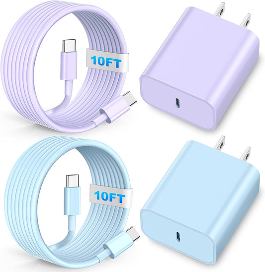 USB C Fast Charger, 2Pack 20W Type C Wall Charger Block and 60W 10FT i Phone Fast Charging Cord, Compatible with i Phone 15/16/17 Pro/Plus/Pro Max/ - Purple Blue