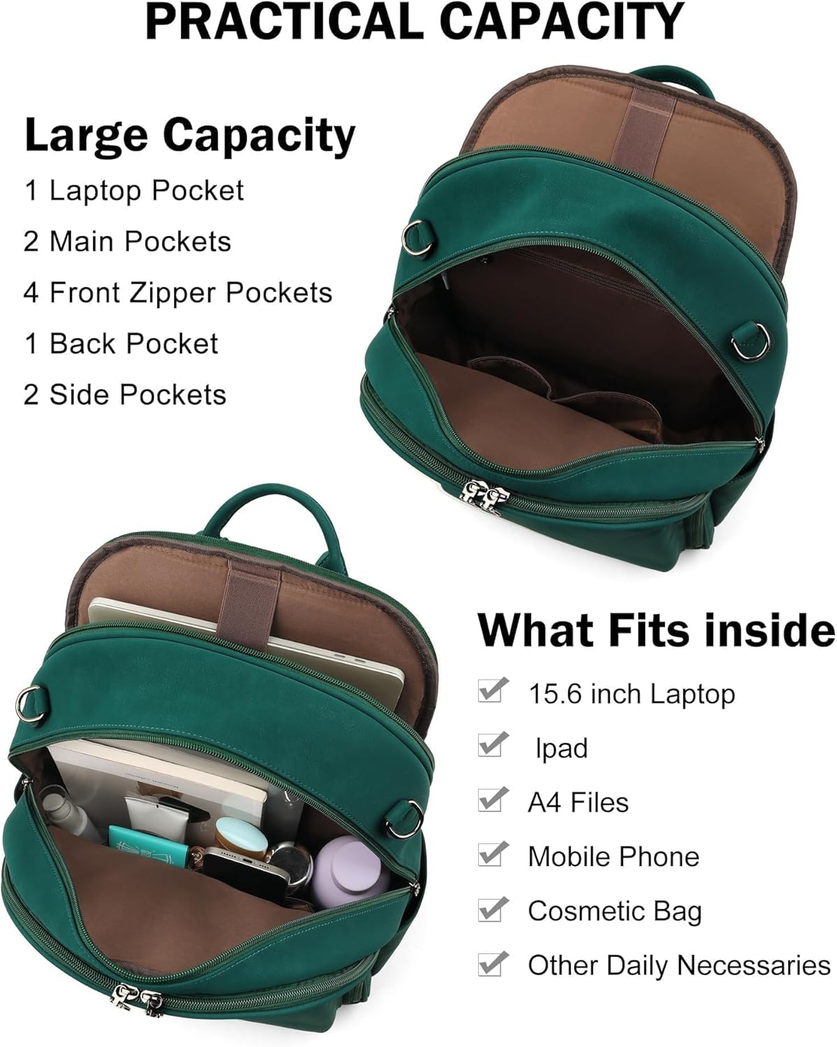 FADEON 15.6 inch Laptop Backpack Purse for Women Designer PU Leather Computer Backpacks Fashion for Work Travel Green