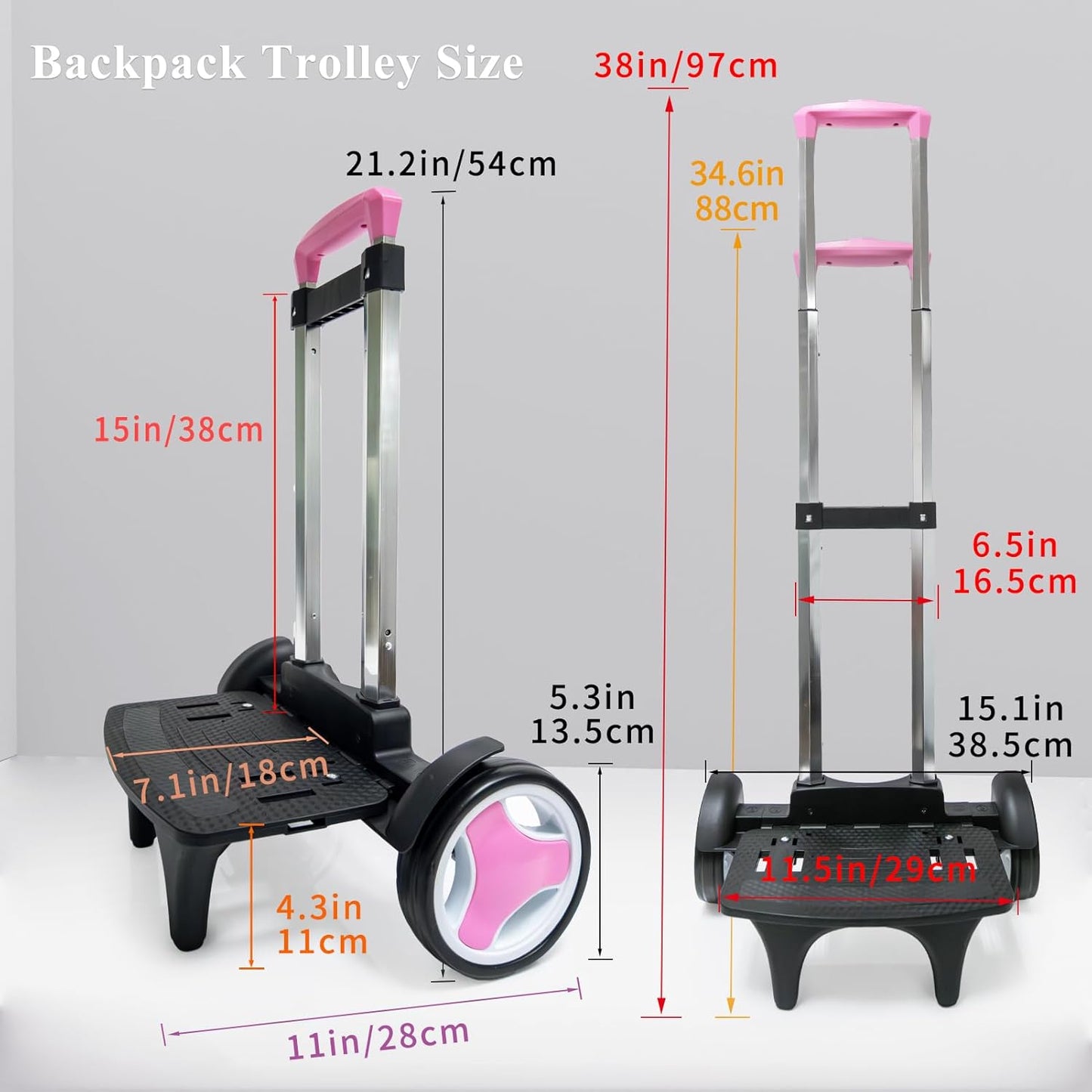 Rolling Backpack Trolley Cart with Stair-Climbing Quiet Wheels,Foldable Aluminum Frame,Adjustable Handle,Large 77 lbs Capacity–Fits Travel Bags,Book Bags,Shopping–Pink,No Edge Guard
