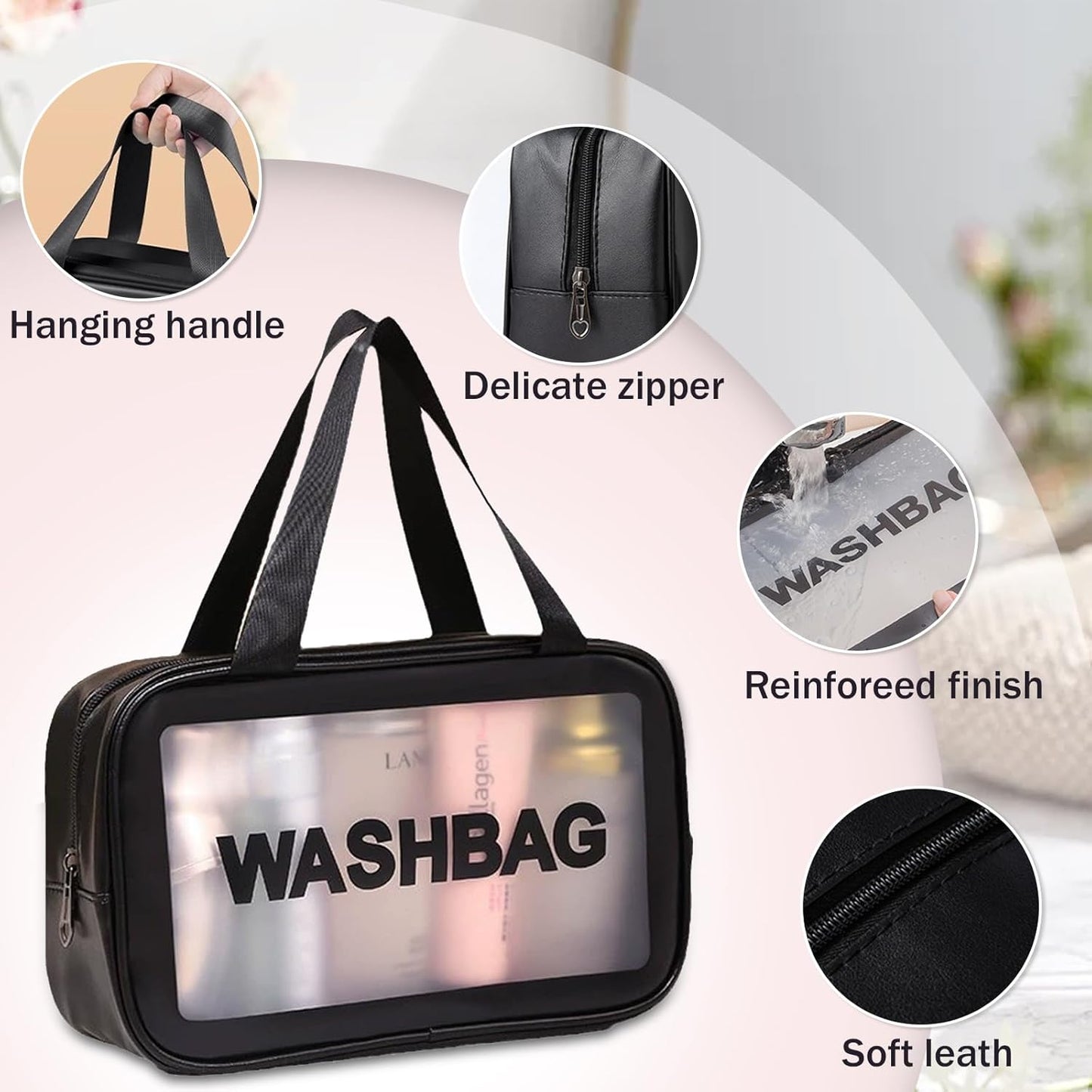 Clear Travel Bags for Toiletries,3 Pack Toiletry Bag,Matte Translucent Toiletry Bag,Makeup Bag With Handy Handle,Travel Pouch,Makeup Cosmetic Organizer for Travel Essentials(Black)