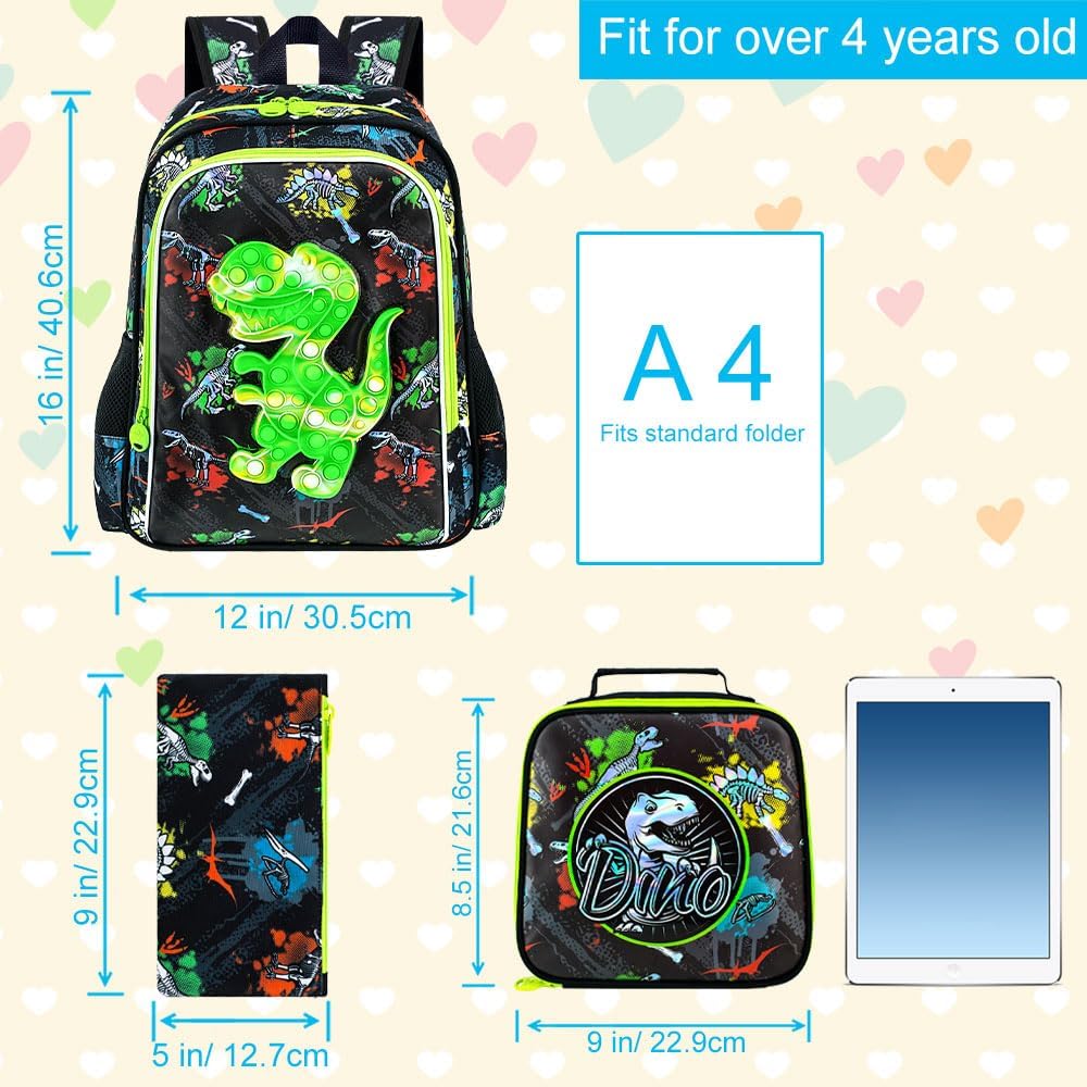 AGSDON 3PCS Dinosaur Backpack for Boys, 16" Kids Backpacks Water Resistant with Lunch Box, Bookbag for Elementary Preschool
