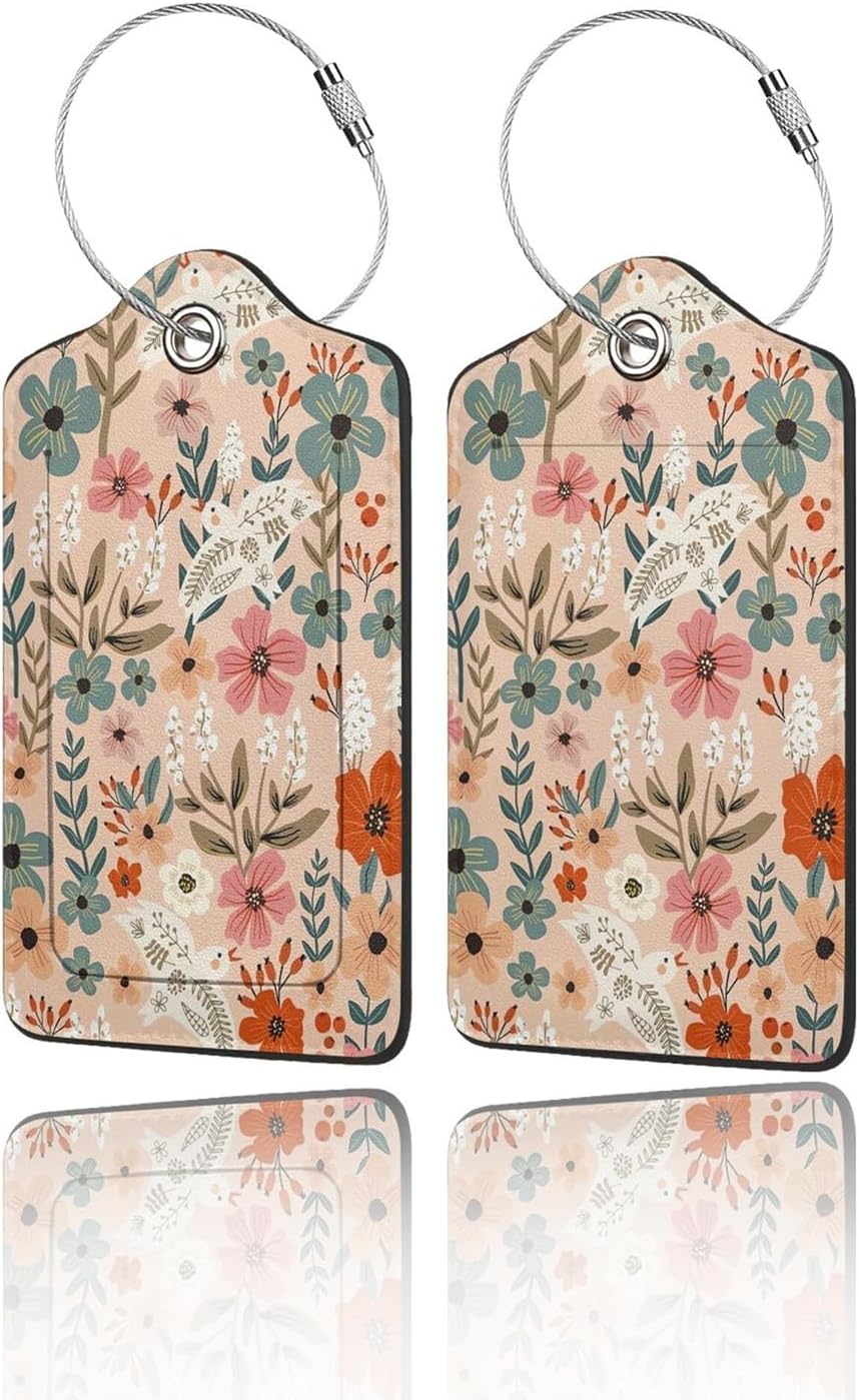 2 Pack Luggage Tags for Suitcase, Privacy Cover ID Label with Stainless Steel and Address Card for Travel Bag Backpack Cruise Ship Essentials Tag Women Girls - Vintage Pigeon Flower Floral