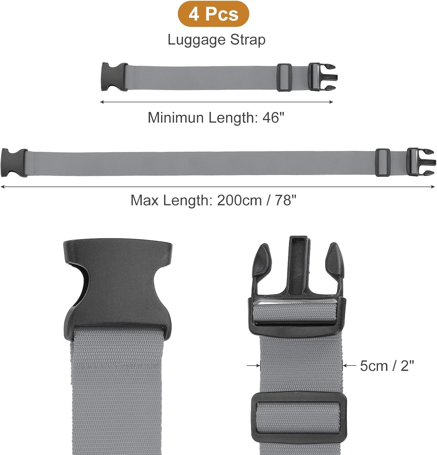 MECCANIXITY Luggage Straps with Quick-Release Buckle Adjustable Suitcase Belt Strap for Suitcase Briefcase Backpack Travel, Gray, Pack of 4