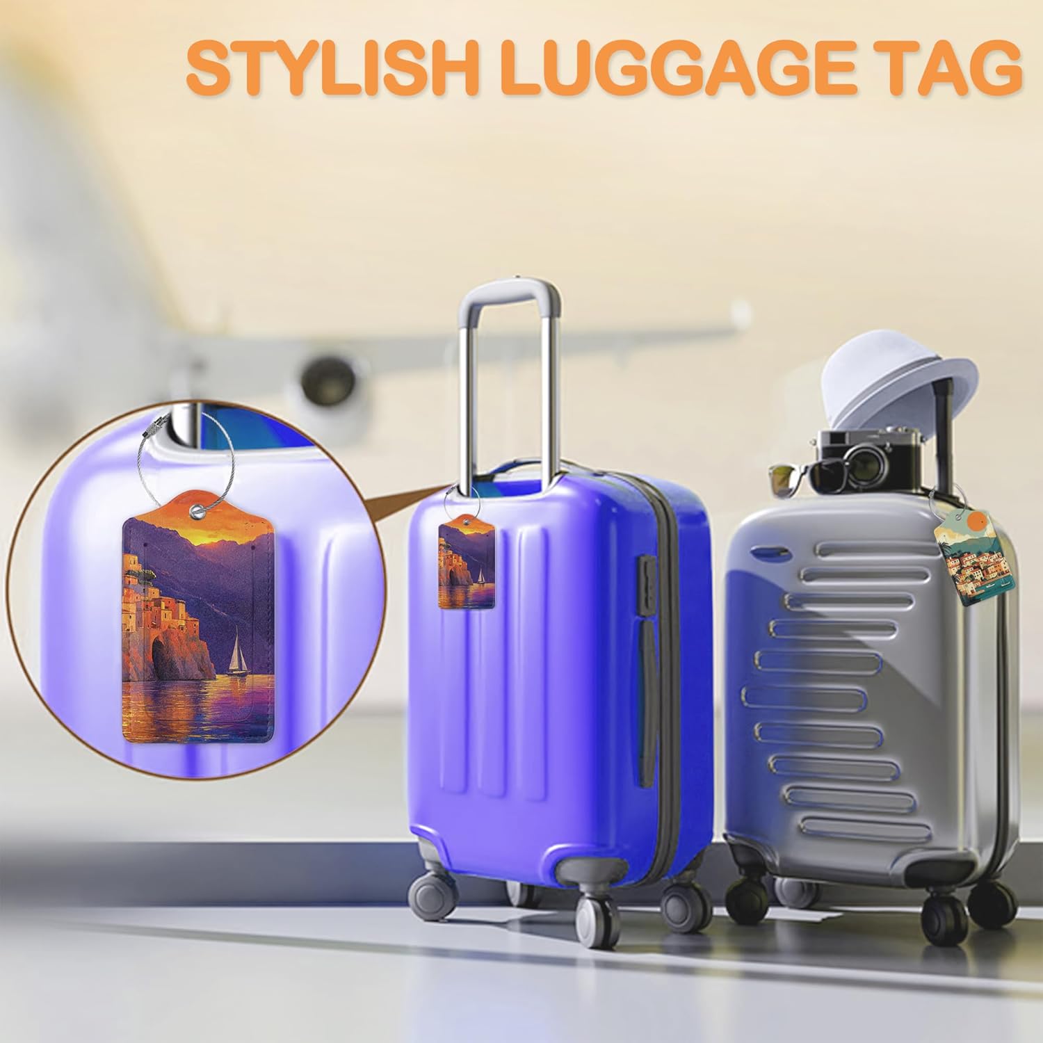 Retro Seaside Village 3 PCS PU Leather Luggage Tags for Suitcase, Sunset Luggage Tag with Privacy