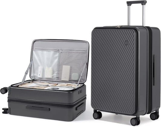 mixi 24 Inch Large Expandable Checked Luggage PC Hard Shell Suitcase Top Opening Rolling Travel Suitcases with Spinner Wheels & TSA Lock, Rock Gray