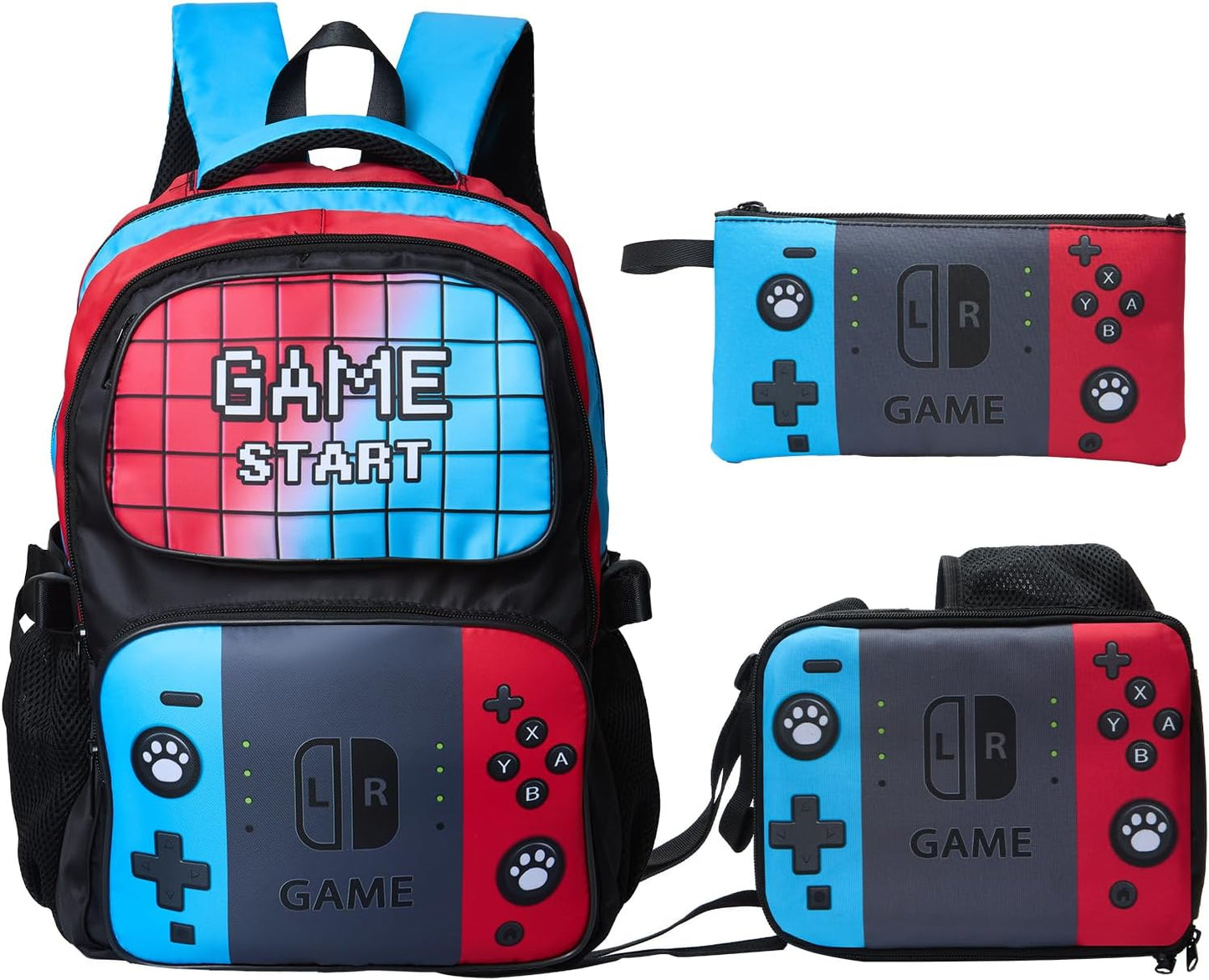 3pcs School Backpack for Boys 17”Kids Gamer Bookbag with Lunch Box&pencil case for Children Elementary Middle Students