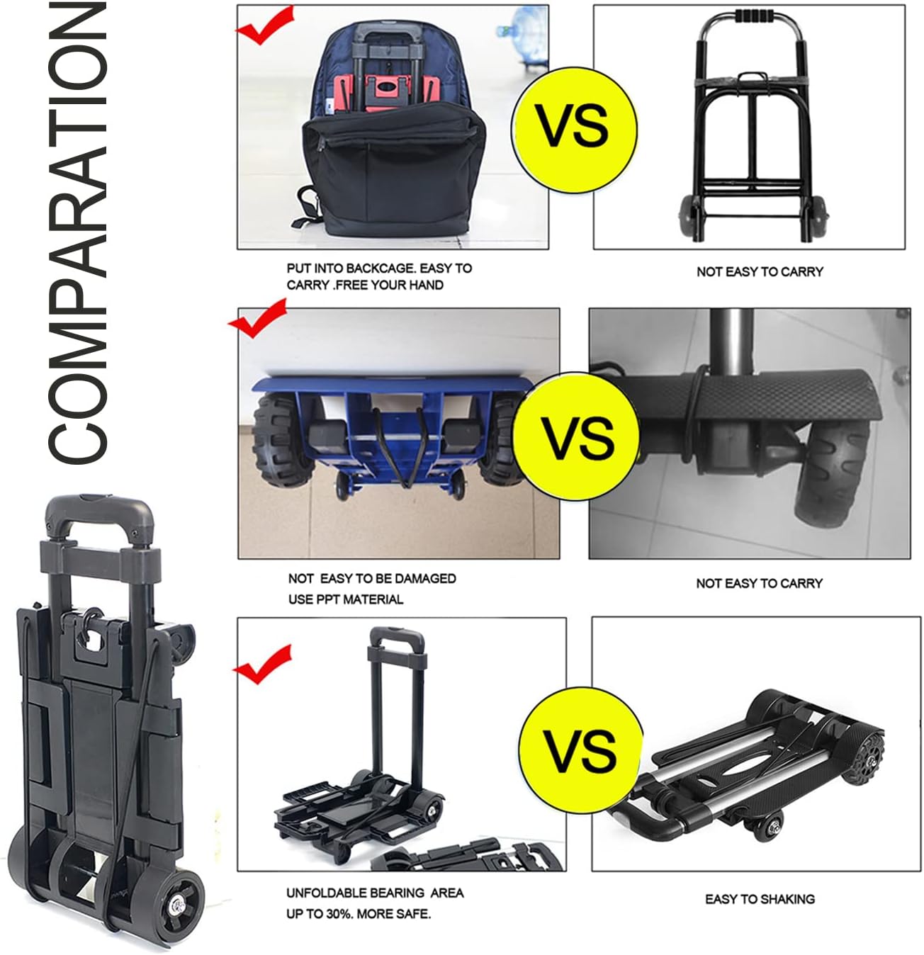 Foldable Plastic Folding Cart Lightweight Folding Shopping Trolley Mini Luggage Hand Truck for Travel Shopping Moving Office Use (2-Wheels)