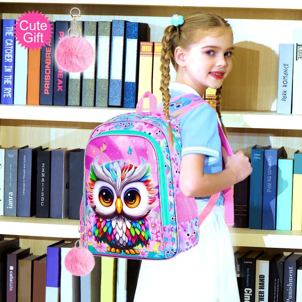 3PCS Owl Bookbag for Girls, Water Resistant Kids Bookbag Set with Lunch Box, Cute School Bag for Preschool Toddler