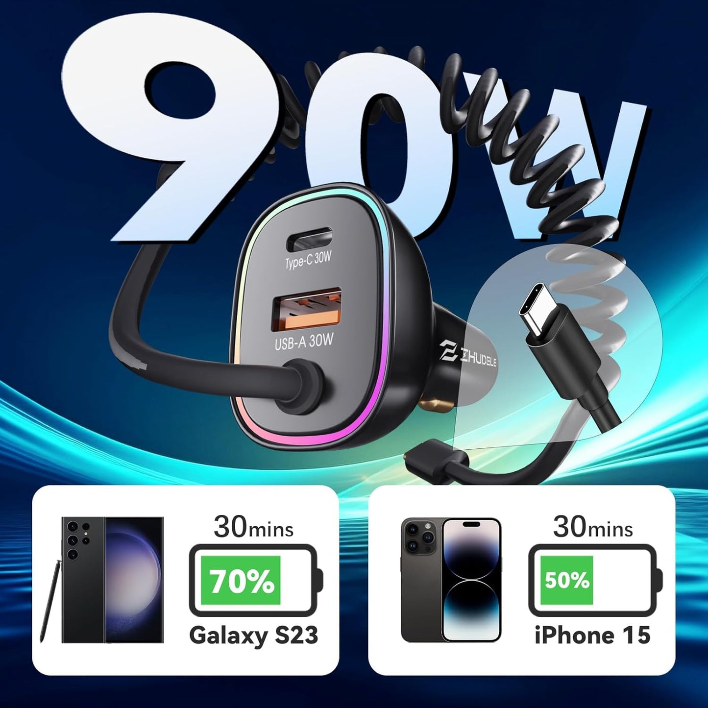 90W Car Charger USB C for iPhone 16 Pro, PD & QC3.0 Type C Coiled Cable 4ft, Fast Car Charger Adapter for iPhone 15 Pro Max Plus, for Samsung Galaxy S24/S23/S22