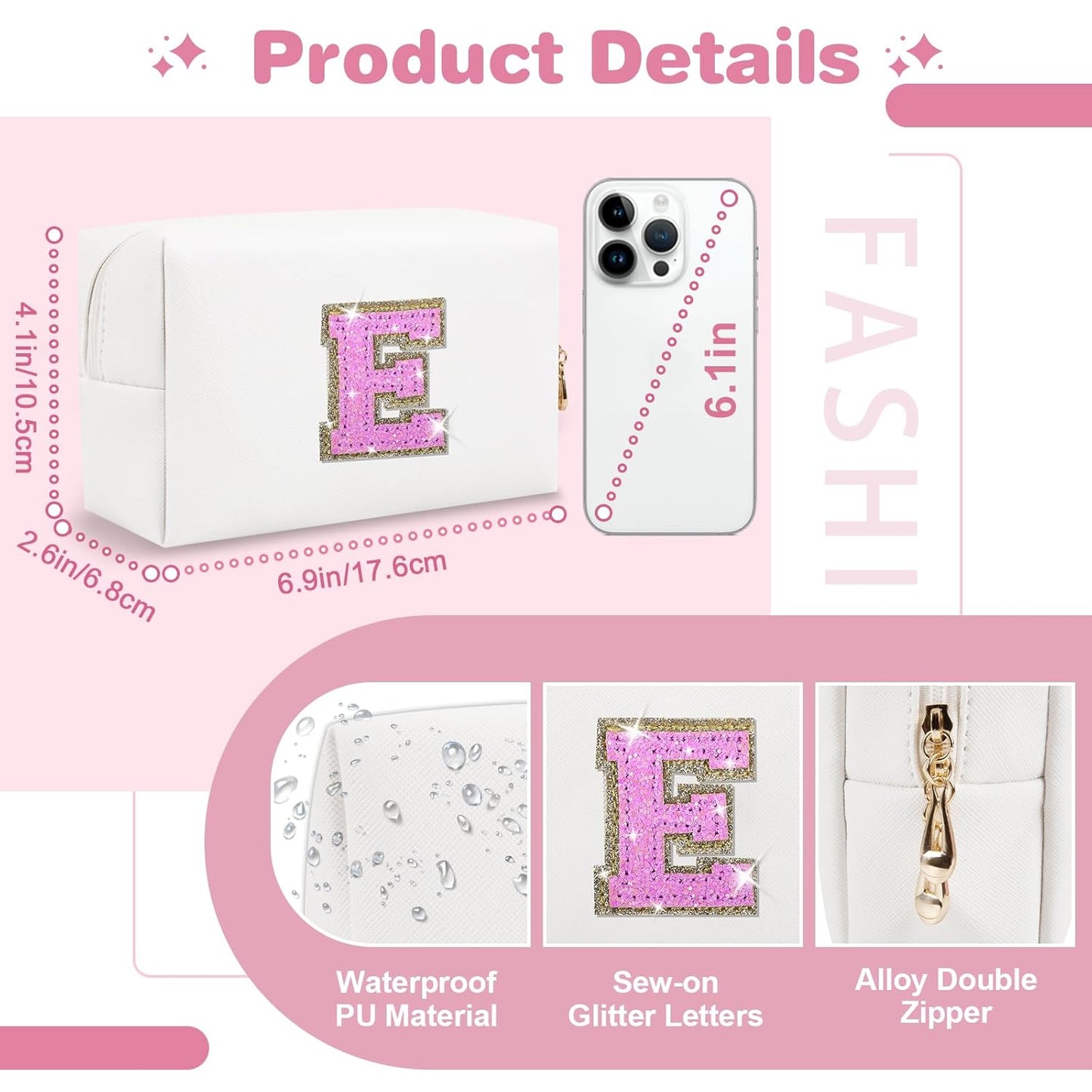 Small Initial Patch Makeup Bag Personalized Gifts Make Up Bag,White Cute PU Leather Glitter Letter Cosmetic Bag with Zipper,Trendy Portable Travel Toiletry Pouch,Preppy Stuff for Teen Girls Women E