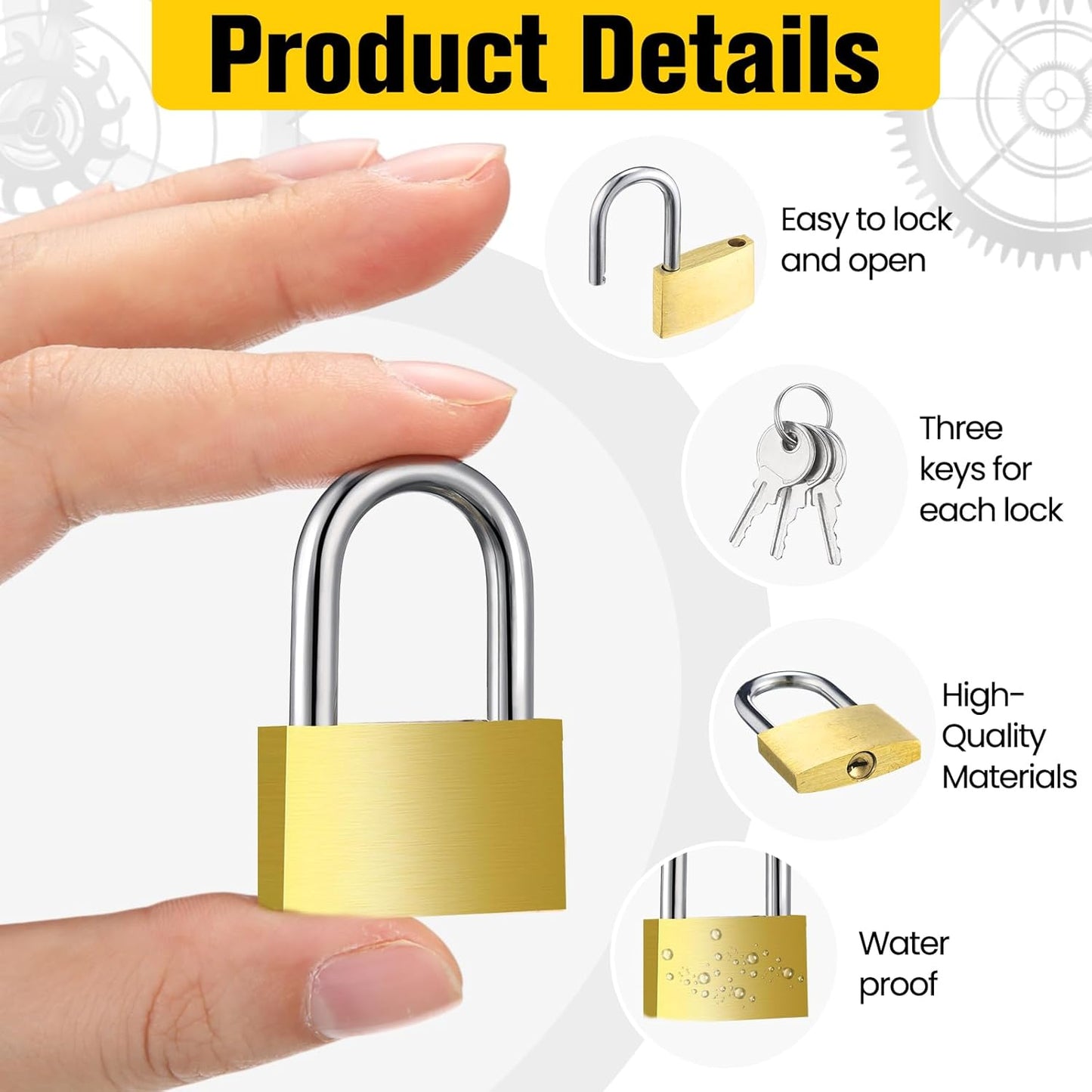 4 Pcs Solid Brass Keyed Padlock, Small Yellow Gym Lock, Strong Padlock with Same Key for Luggage Toolbox (30mm 1-3/16'')