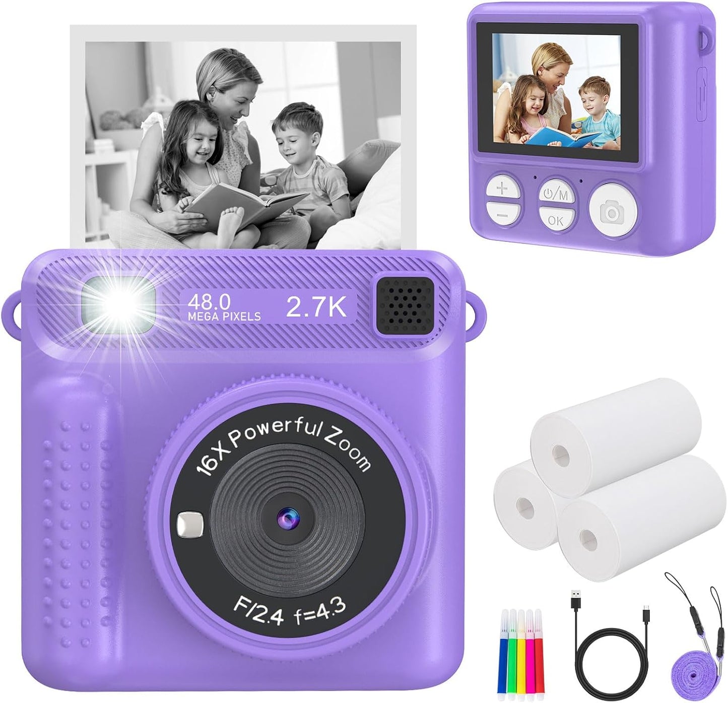 Kids Camera Instant Print, HD Digital Video Recorder with 32GB SD Card, Gifts for 3-12 Year Old Girls and Boys, Portable Toy for Toddlers and Kids - Purple