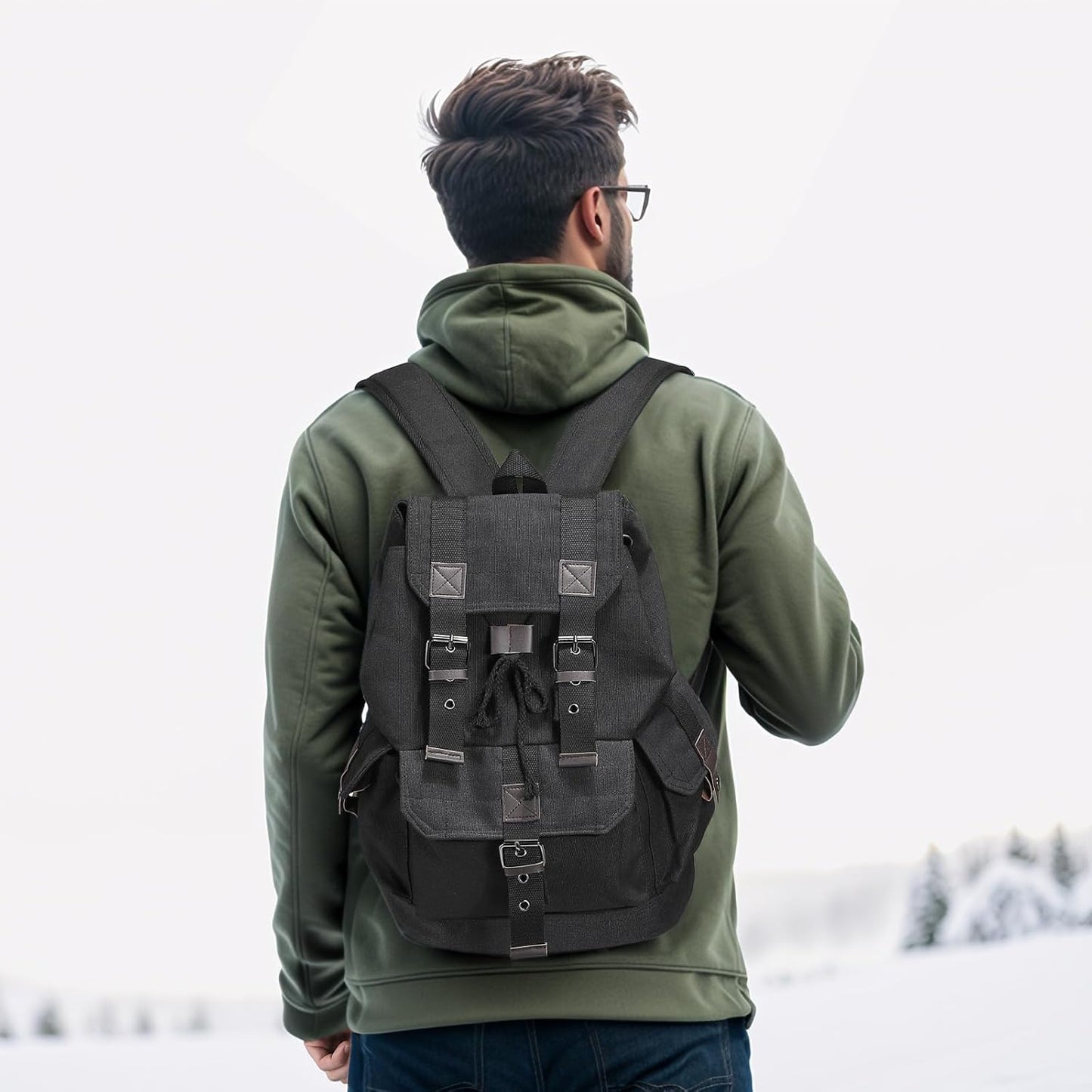 Vintage Canvas Backpack for Men Women, Durable Casual Daypack, Large Capacity Travel Rucksack Fits for Hiking and Daily Use (Black)
