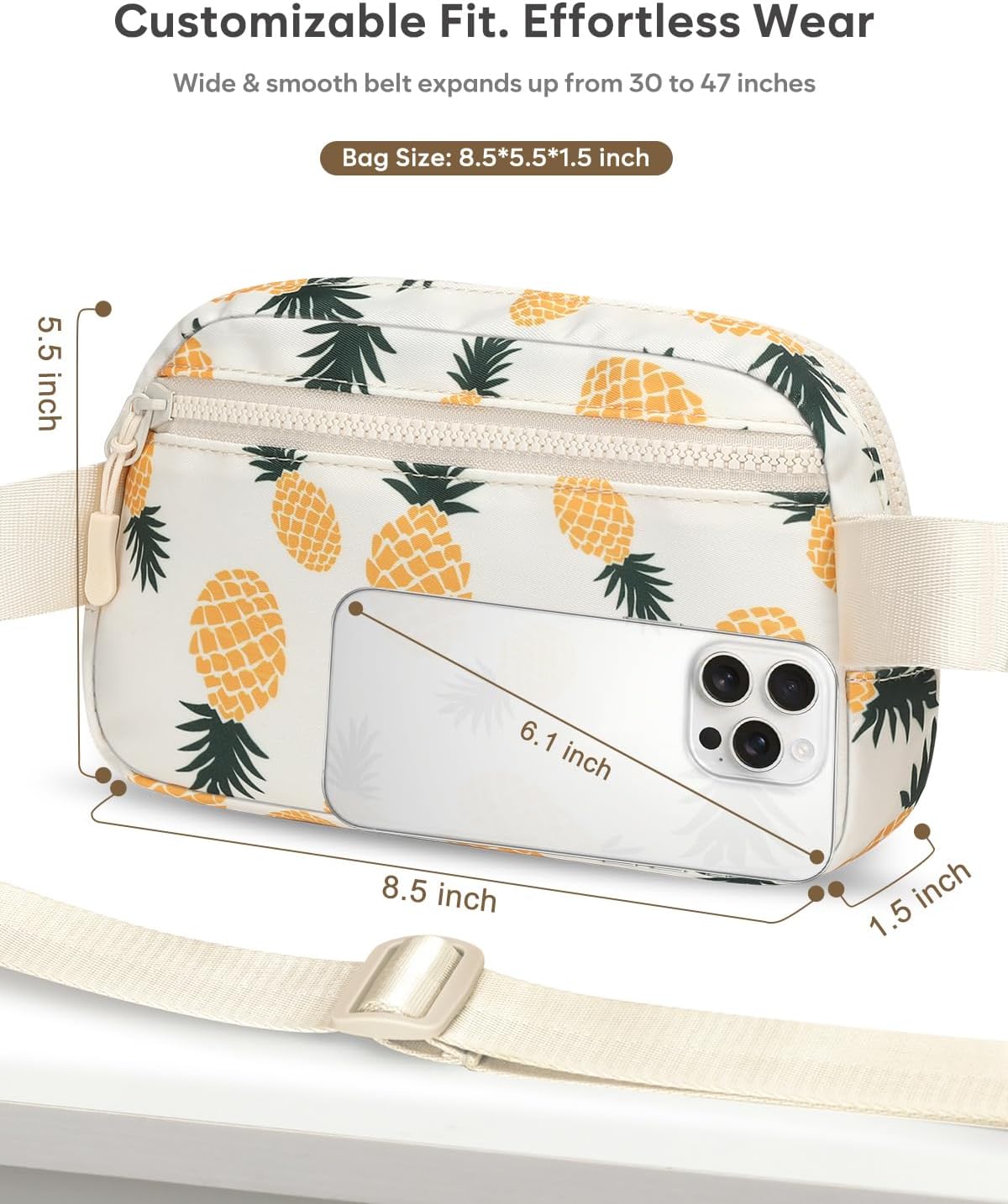 Fanny Packs for Women Cross Body Bag Waterproof Belt Bag with Adjustable Strap and Zipper Back Pocket Small Crossbody Bags Fashion Waist Packs for Workout Travelling(Pineapple)