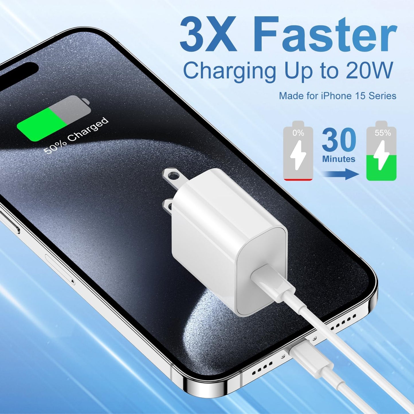 iPhone 15 Fast Charger and 10ft Type C to C Cable Cord Long, 20W USB C Charging Block for Apple iPhone 15 Plus/15 Pro Max/iPad Pro Wall Plug Power Adapter Cube Brick 12.9/11 inch/Air 4th/6 Gen/Mini