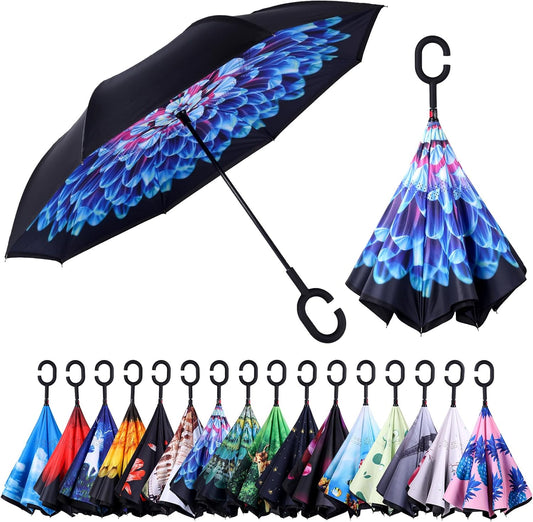 Inverted Umbrella, 49 Inch Double-Layer Vented Reverse Umbrella, Windproof Waterproof UV Protection, Lightweight C-Handle, Fiberglass Ribs, Steel Shaft, Travel/Commute/Car Use, With Sleeve