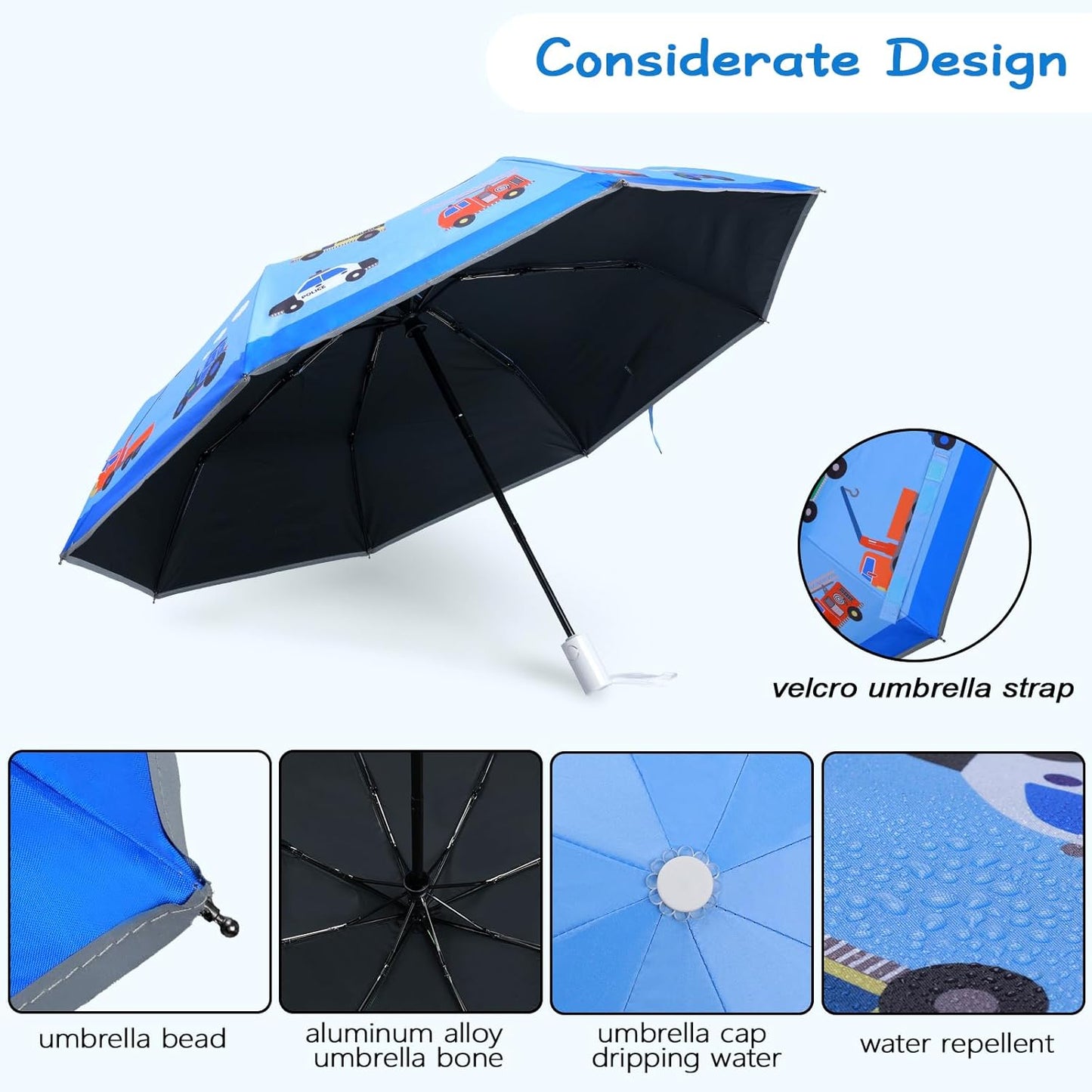 Kids Folding Umbrella Auto Open/Close Anti-rebound Safe Design UV Resistant Automatic Children Travel Umbrellas 8 Rib Reinforced Canopy 360° Reflective Strip Lightweight Cute Umbrella for Girls & Boys